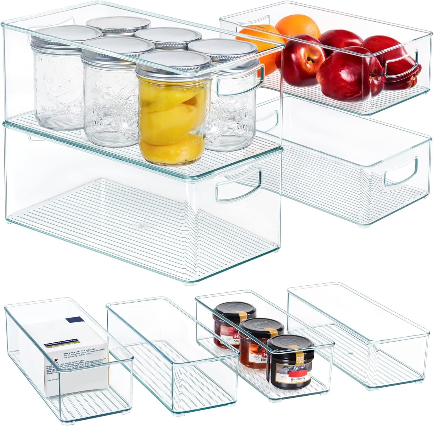 Hudgan 8 PACK Stackable Pantry Organizer Bins (3 Size) – Clear Fridge Organizer for Kitchen, Freezer, Refrigerator, Cabinet – Plastic Storage Container with Handle for Home