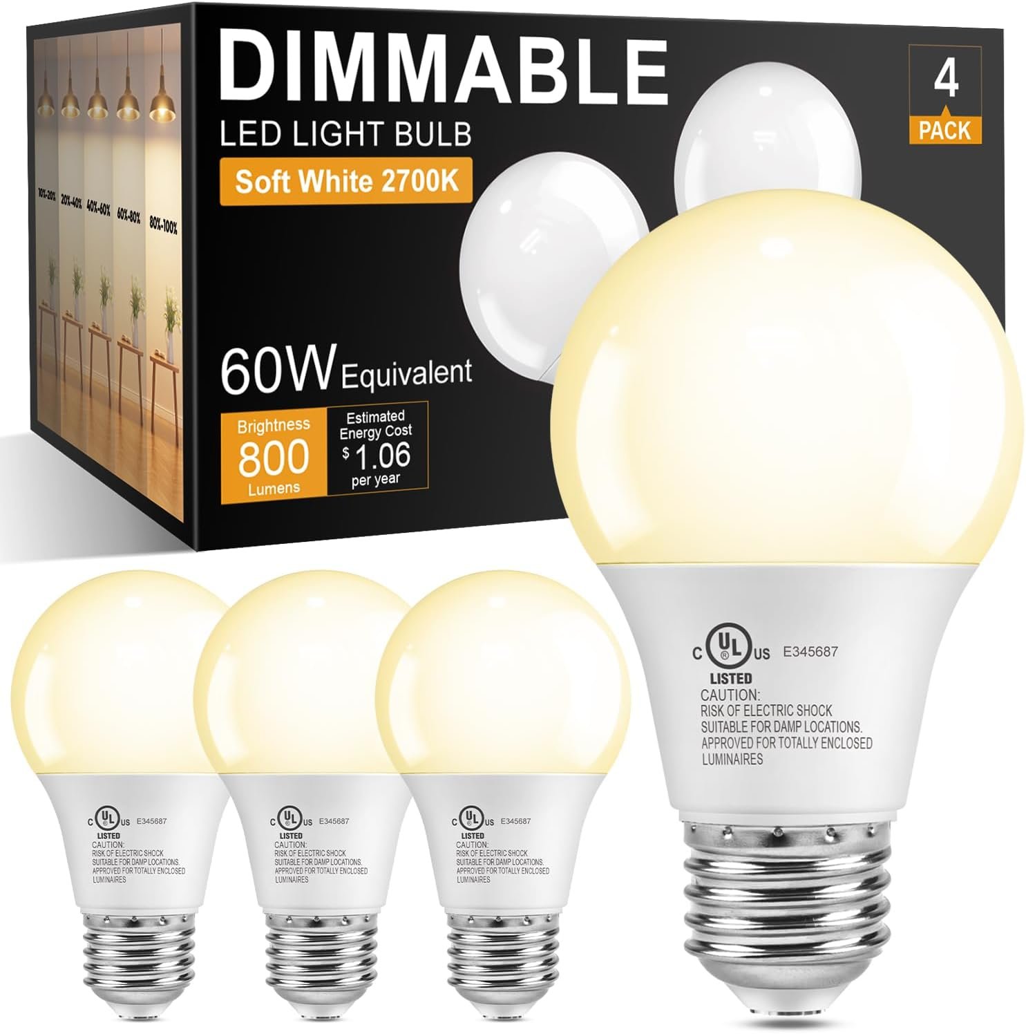 TJOY A19 Dimmable LED Light Bulbs, E26 Led Bulbs 60 Watt Equivalent, Warm Soft White 2700K, 800 Lumens Standard Base, Energy Saving Lightbulbs, Efficient 9W, 120V, 15,000 Hour Lifetime, 4 Pack