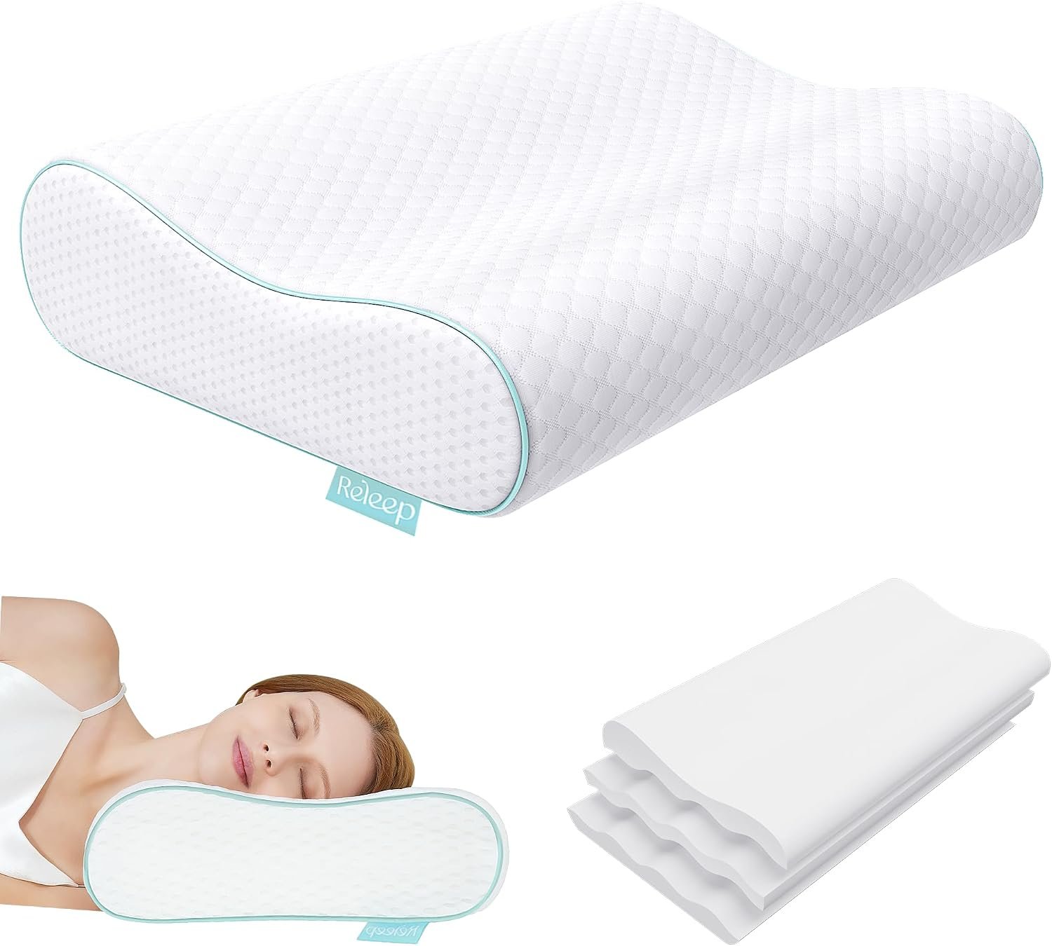Releep Cervical Neck Pillow, Side Sleeper Pillow for Neck Pain Relief, Adjustable Contour Pillow for Sleeping, Ergonomic Memory Foam Pillow, Orthopedic Cooling Pillow Back Stomach Sleeping, Queen Size