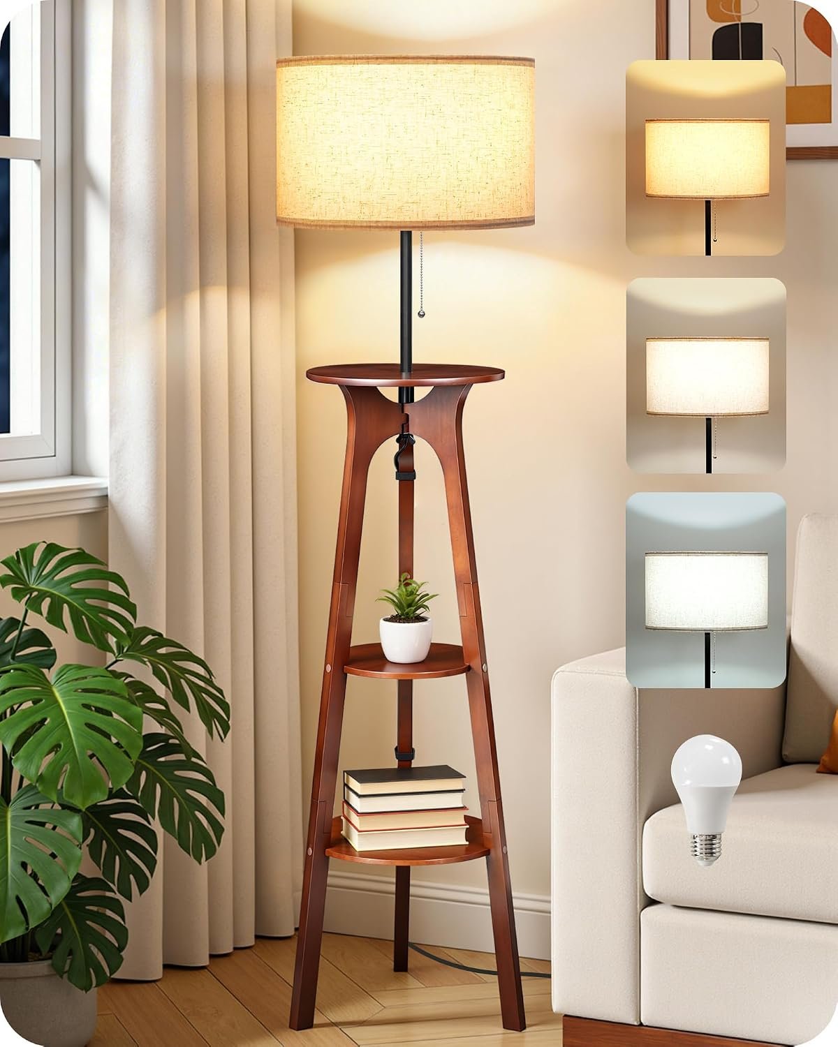 3 Tier Shelf Floor Lamps, Wood Tripod Floor Lamp, Large Linen Lampshade, 3 Color Temperature LED Bulb Included, Modern Shelf Floor Lamp for Living Room Bedroom Beige and Walnut STE25LD05
