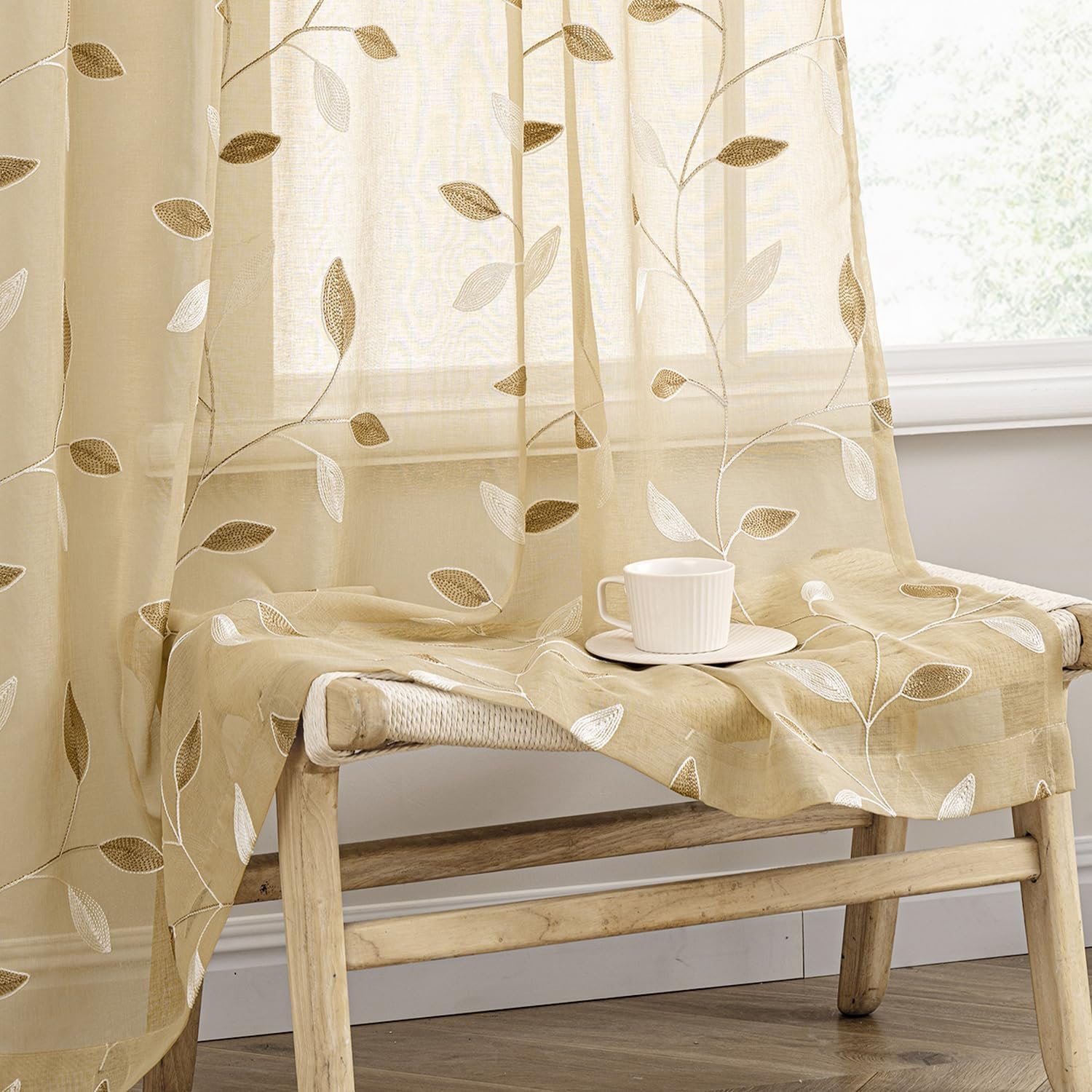 MIULEE Beige Sheer Curtains 2 Panels Embroidered Leaf Patterned Rod Pocket Floral Semi Sheer Faux Linen Window Curtains Drapes Set for Living Room Bedroom Dining Room, 52×84 Inches Long