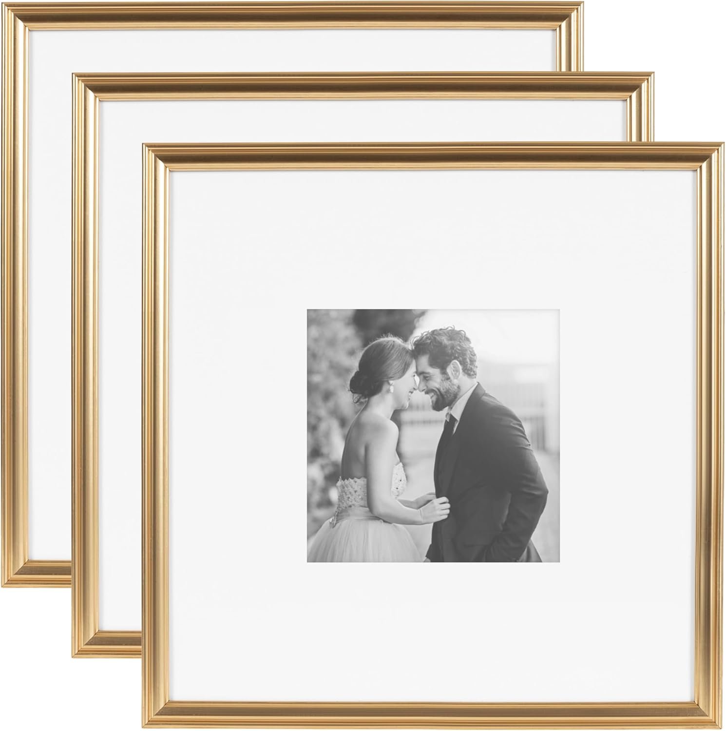 Kate and Laurel Adlynn Square Picture Frame Set of 3; 16 x 16 matted to 8 x 8; Gold; Modern Three-Piece Frame Set for Gallery Wall Frame Set in Living Room Wall Decor