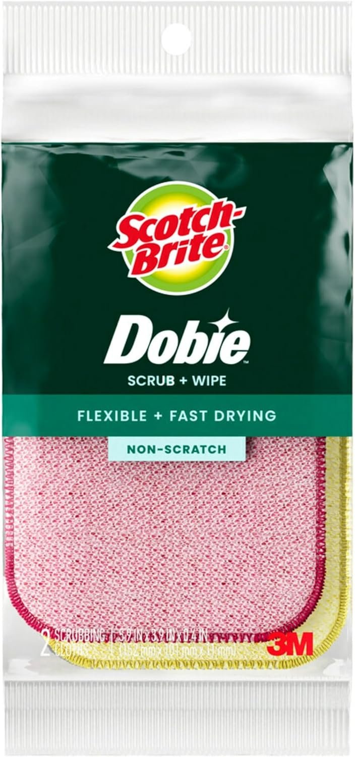 Scotch-Brite Dobie Scrub & Wipe Cloths, Sponge Cloths for Cleaning Kitchen, Bathroom, and Household, Dobie Scrub and Wipe Cloth Absorbs and Doesn’t Scratch, 2 Cleaning Cloths
