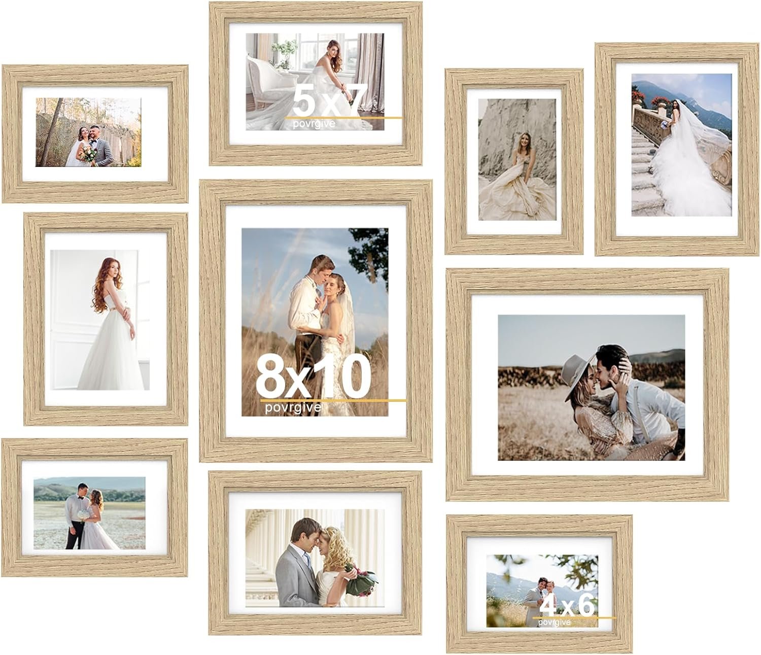 Povrgive Picture Frames, Made of Real Glass and Wooden Frame, Gallery Photo Frames Set of 10 for Collage Wall Decor, Multi Sizes Including 8×10, 5×7, 4×6 for Mounting or Tabletop Display, Wood