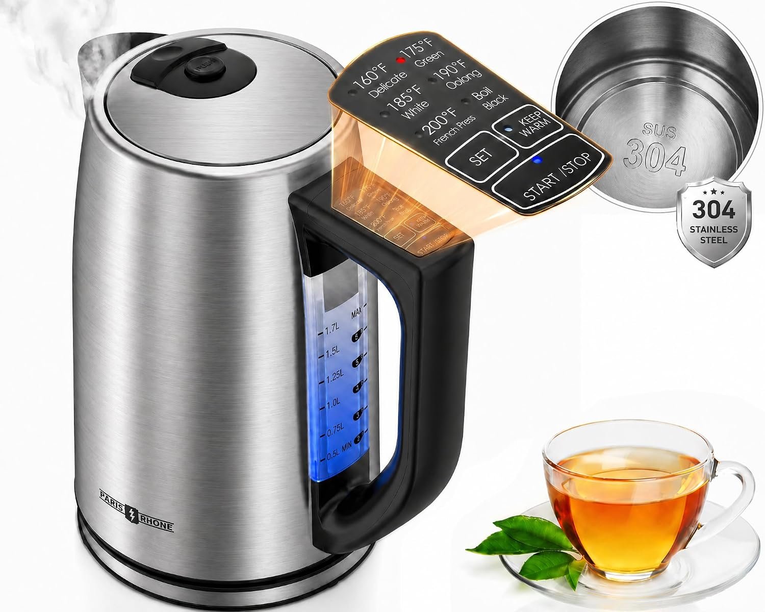 Electric Tea Kettle, 6 Precise Temperature Presets 1.7L Stainless Steel Electric Kettle Temperature Control,1500W Fast Boiling Hot Water for Oolong & Green Tea with Strix Control