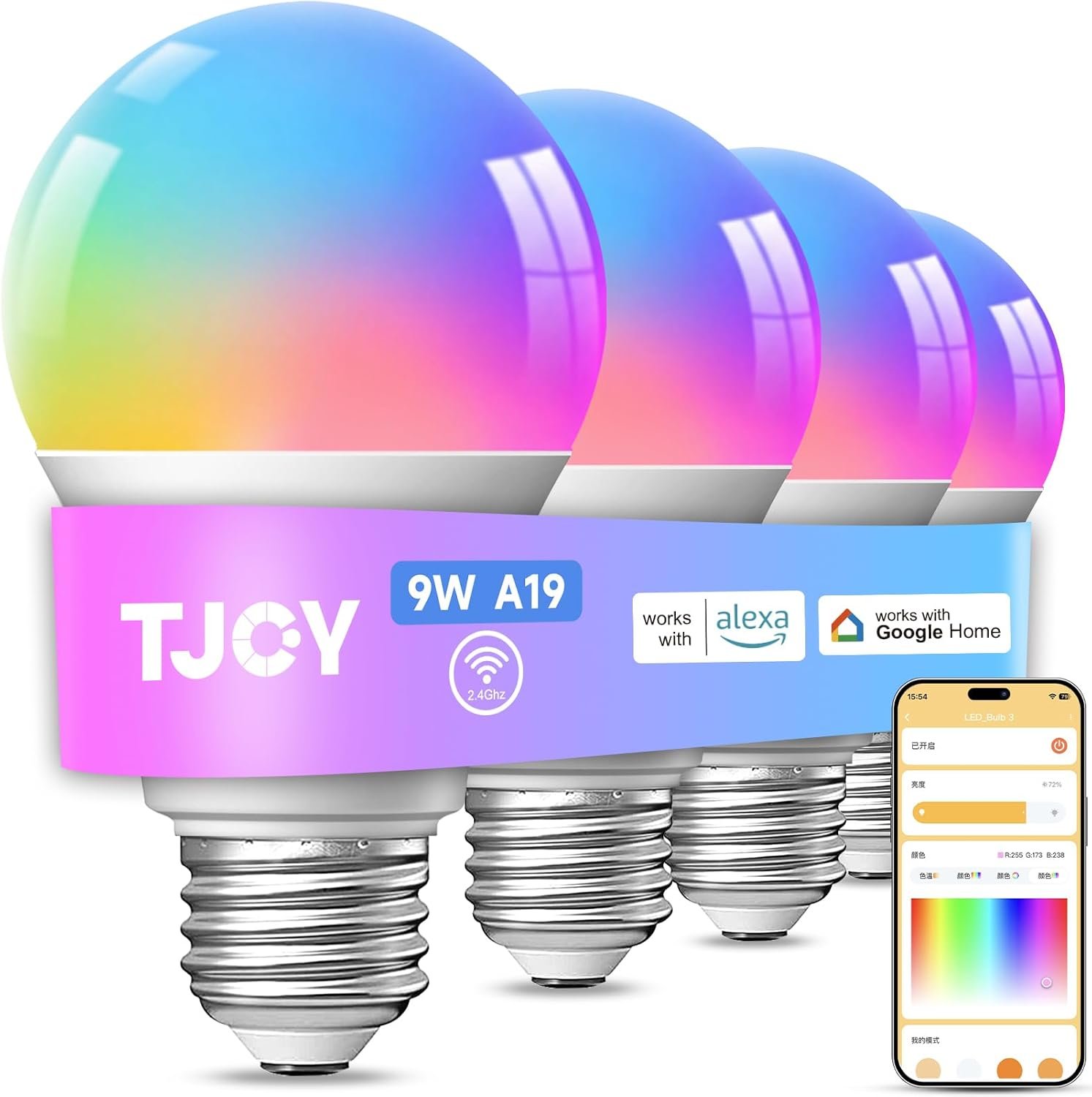 TJOY 4 Pack Smart Light Bulbs, Bluetooth WiFi Led Bulb Work with Alexa &Google Assistant, RGB Color Changing Alexa Bulbs, Music Sync, 2700K-6500K, 9W(60W Equivalent), A19 E26 800LM, 2.4Ghz WiFi only