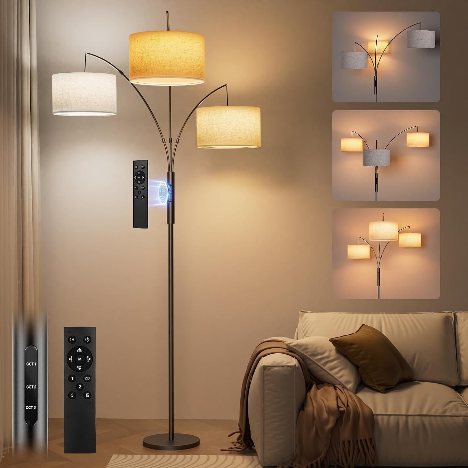 SIBRILLE 36W Corner Floor Lamp Dimmable – 3 Lights Arc Floor Lamps Standing Lamp with Remote & Touch Control, Tall Lamp for Living Room Corner, Bedroom, Office