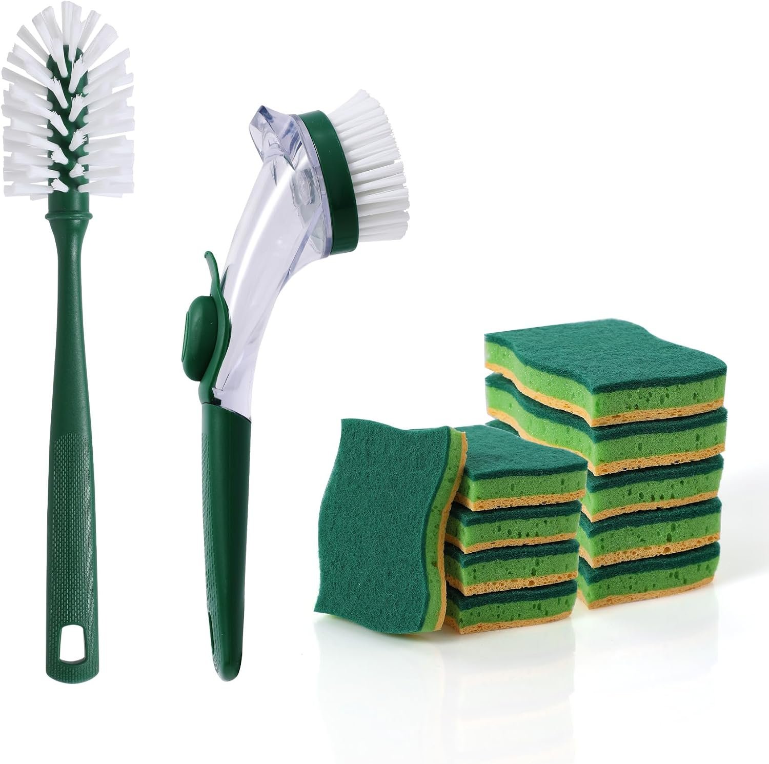 CLEANHOME Kitchen Cleaning Tool Set – 3-Pack Dish Scrub Brush Kit | with 10PCS Non-Scratch Scrub Sponges, Bottle Brush & Pot Scrubber, Safe for Cookware, Bathroom & Nonstick Surfaces