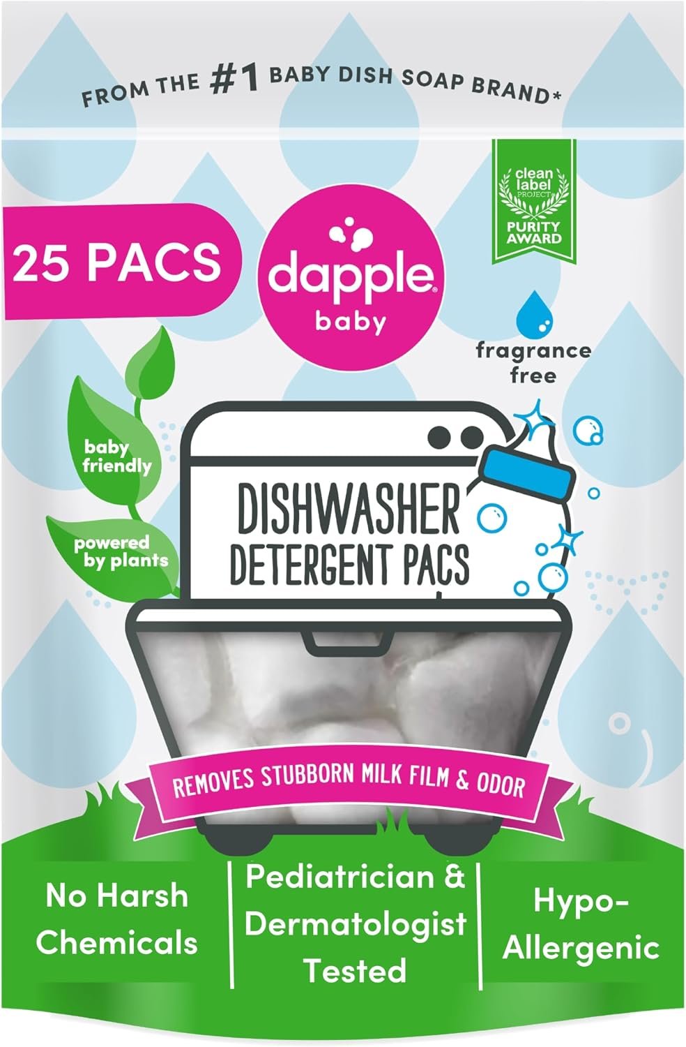 Dapple Baby Dishwasher Detergent Pods – 25 Count – Fragrance-Free, Hypoallergenic & Plant-Powered Dishwasher Pacs – Removes Milk Residue From Baby Bottles