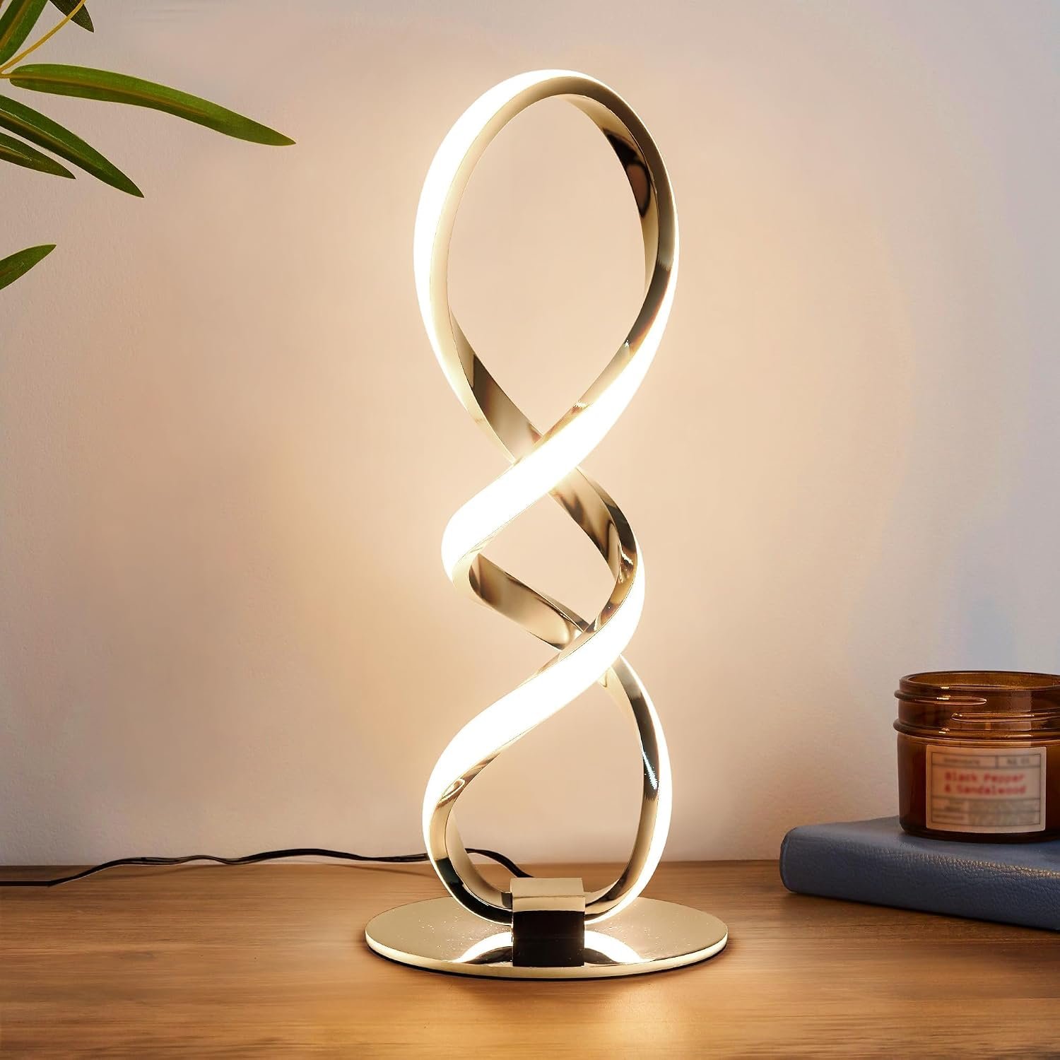 LED Spiral Bedside Table Lamp, Stepless Dimmable 12W 3000K Warm White, Modern Nightstand Desk Lamp for Bedroom, Living Room​, Sliver