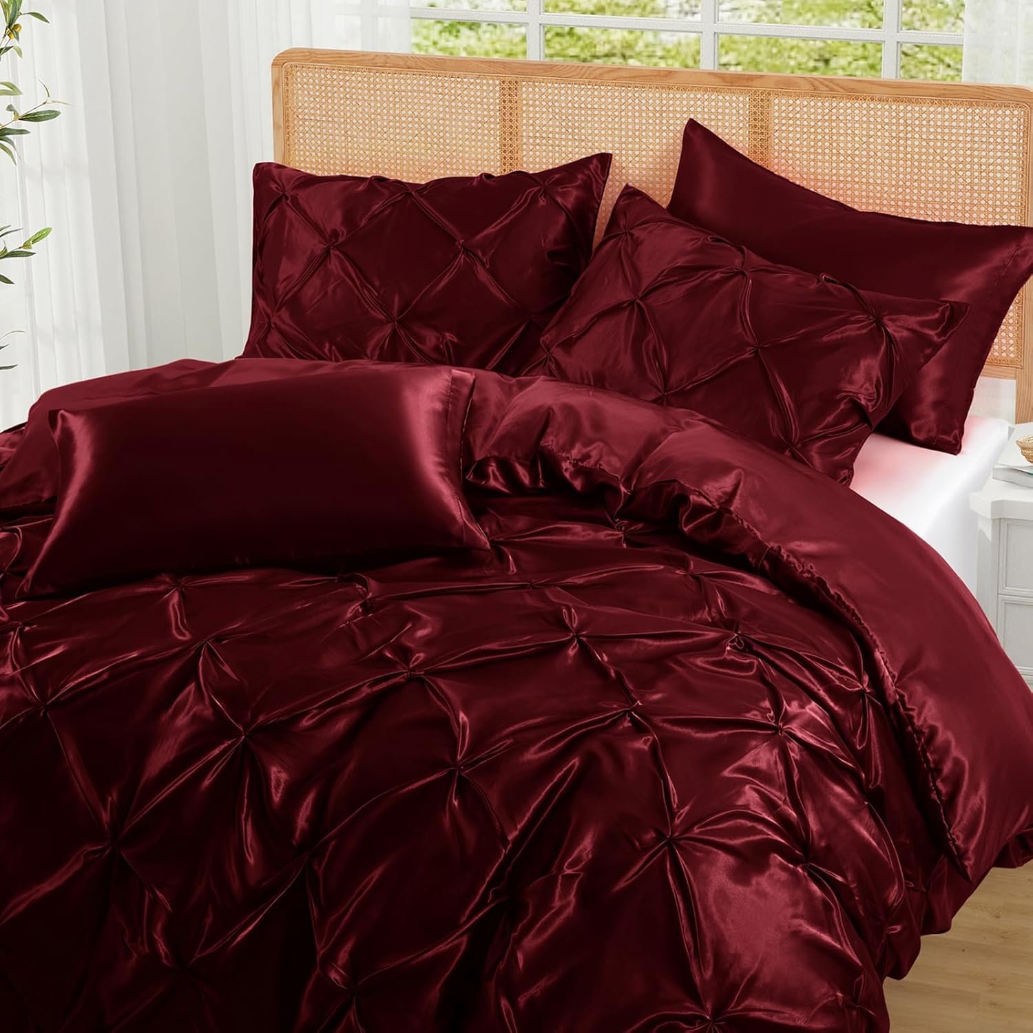 P Pothuiny 5 Pieces Satin Pintuck Duvet Cover Set, Silky Like Burgundy Pinch Pleat Duvet Cover Full/Queen Size Luxury Bedding Set with Corner Ties, 2 Pillow Shams + 2 Pillowcases (No Comforter)