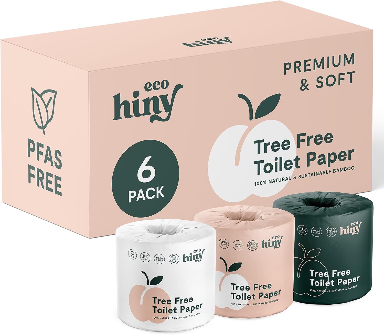 ecoHiny Premium & Soft Bamboo Toilet Paper | PFAS Free | 6 Mega Rolls, 3 ply & 350 Sheets | Non Toxic, FSC Certified, Septic Safe, BPA Free | Tree Free Toilet Tissue | Plastic Free Packaging