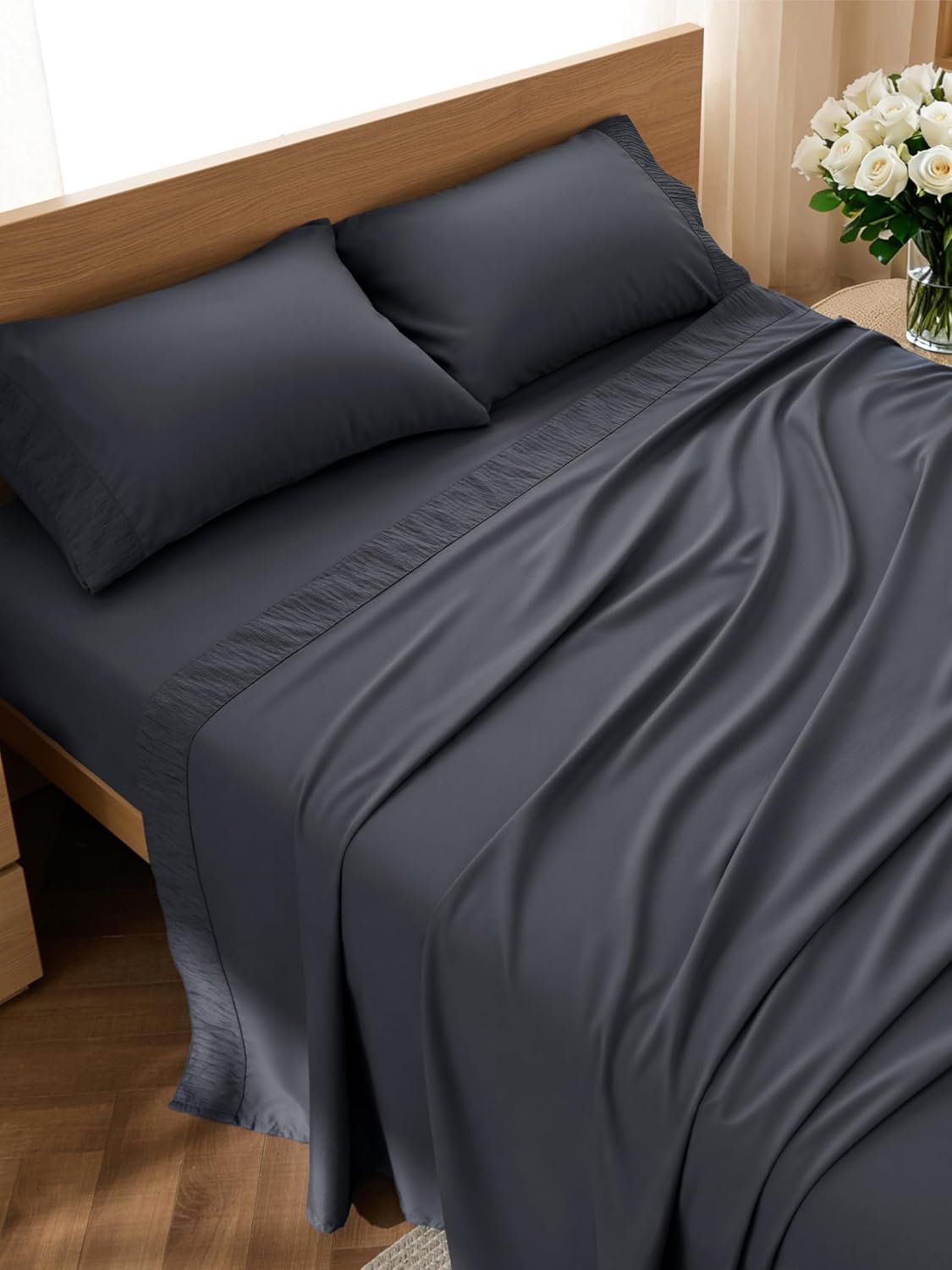 Bedsure King Size Sheets Set – 4 Pieces Soft King Sheets – Breathable & Cooling – Hotel Luxury – Easy Care Polyester Microfiber Bedding for Women, Men, Dark Grey