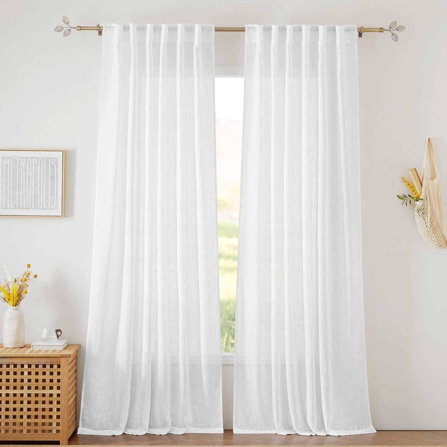 RYB HOME White Curtains Sheer – Linen Texture Sheer Window Covering, Light & Airy Translucent Panels for Bedroom Living Room Patio Glass Door, 52 inch Width x 95 inch Length, Set of 2