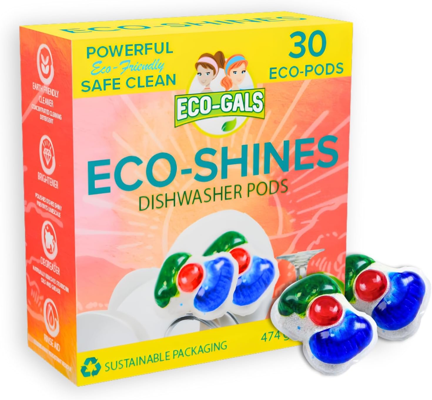 Eco-Gals Eco-Shines Dishwasher Detergent Pods With 3 in 1 Power of Liquid, Powder, and Gel for Brighter Cleaner Dishes