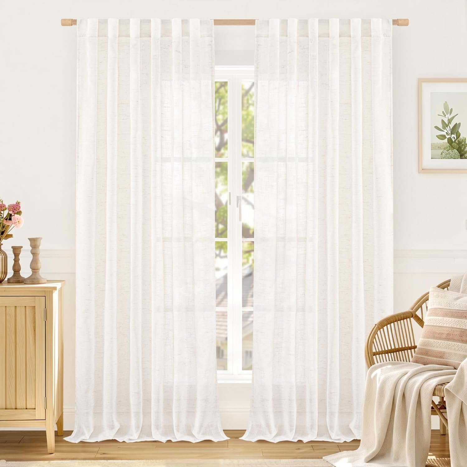 LAMIT Natural Linen Semi Sheer Curtains 84 Inches Long 2 Panels, Living Room Linen Textured Light Filtering Drapes Back Tab and Rod Pocket Neutral Window Panels for Bedroom/Sliding Door, 52 x 84 Inch