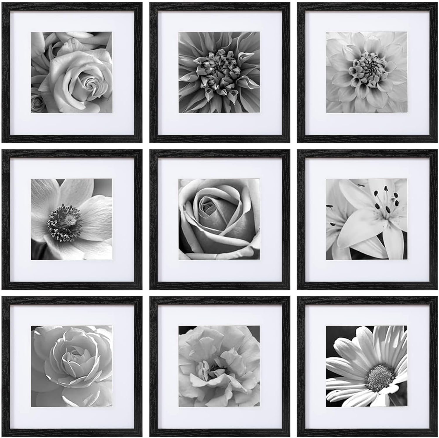 eletecpro 12×12 Picture Frames Set of 9 with Clear Acrylic Cover, Display 8×8 Photos with Mat or 12×12 Without, Classic and Sturdy Square Collage Gallery Wall Decor, Easy Wall Mount, Black