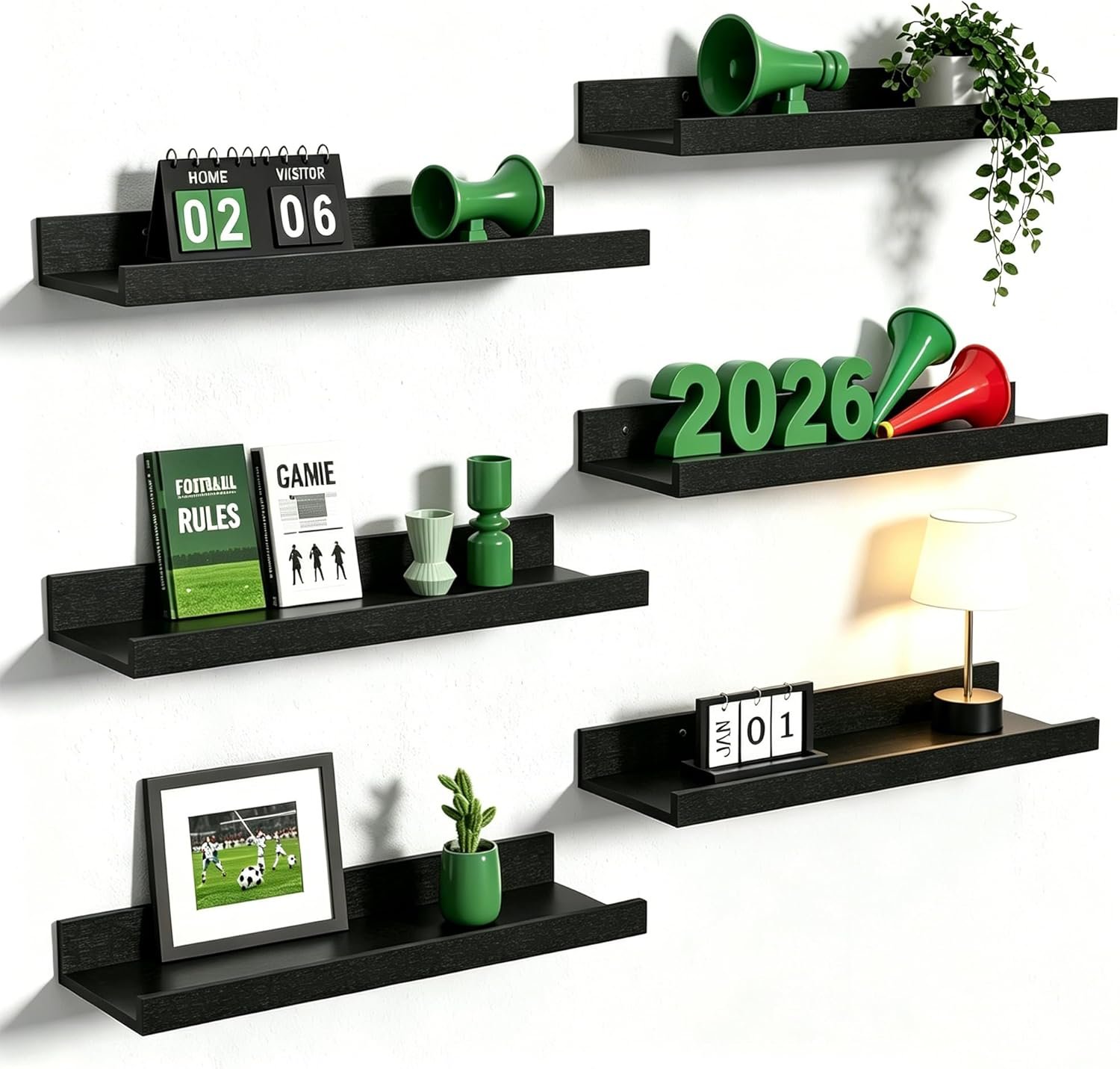 upsimples Floating Shelves for Wall, Wall Shelves for Decor Storage Set of 6, Wall Mounted Wood Shelf for Bedroom, Living Room, Bathroom, Kitchen, Picture Ledge Shelf, Black