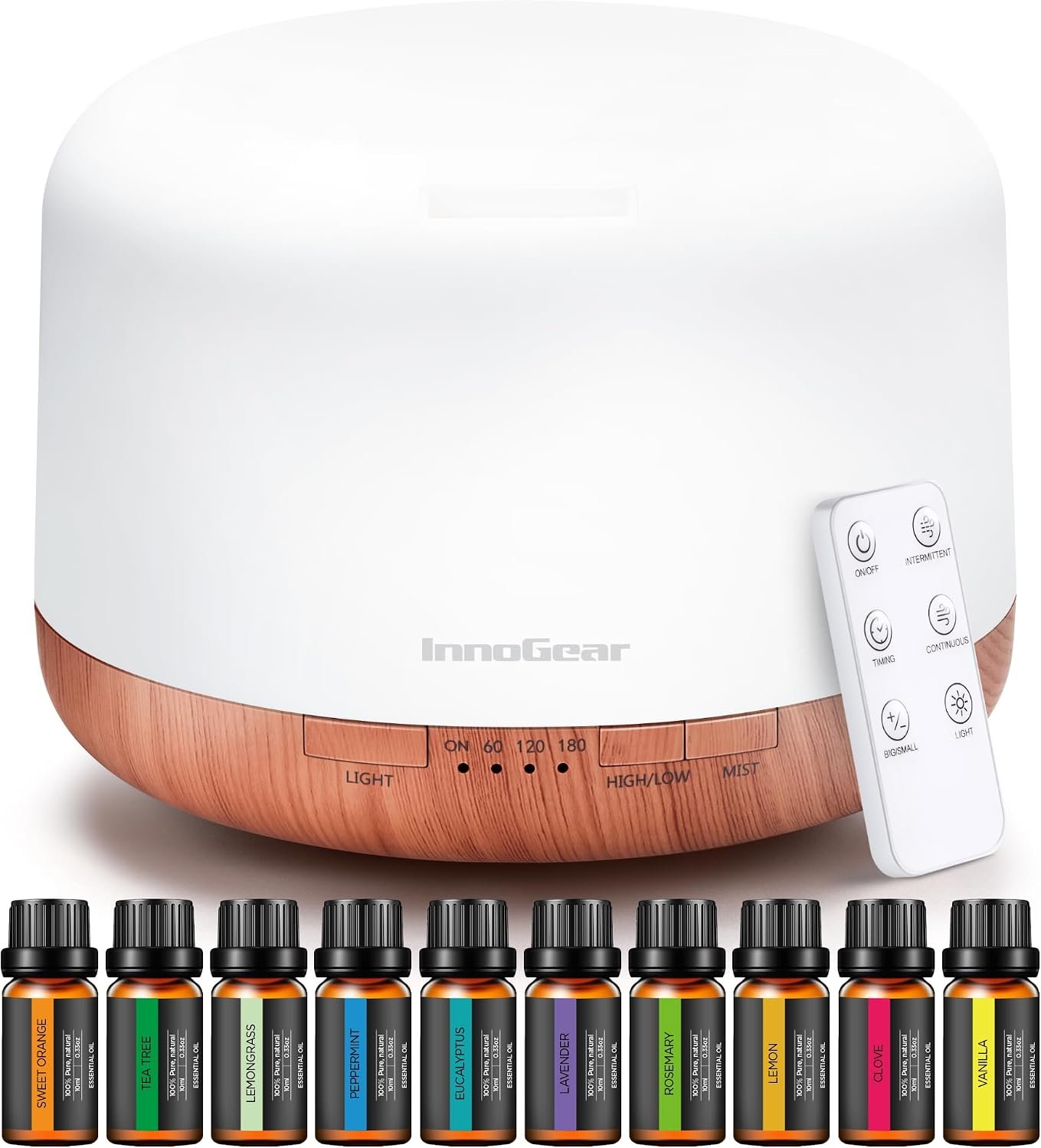 InnoGear Aromatherapy Diffuser & 10 Essential Oils Set, 500ml Essential Oil Diffuser with Remote Control Mother’s Gift Ultrasonic Cool Mist Scent Humidifier Vaporizer Auto-Off Timer for Home, Yellow