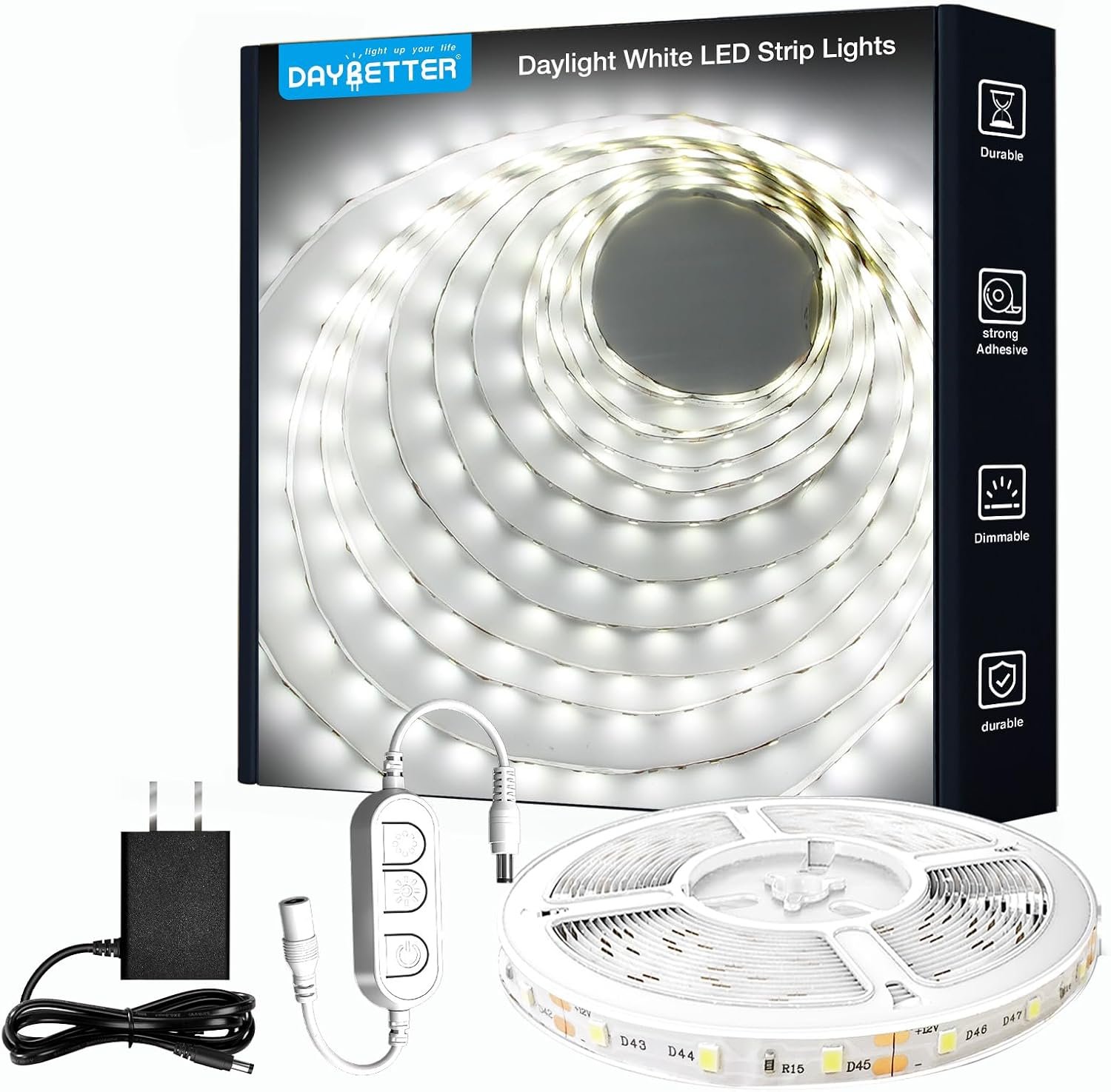 DAYBETTER White LED Strip Light, 20 ft Dimmable Bright Rope Lighting, 6500K 24V Strips, 360 LEDs 2835 Tape Lights for Bedroom, Kitchen, Mirror, Home Decoration(1 Roll)