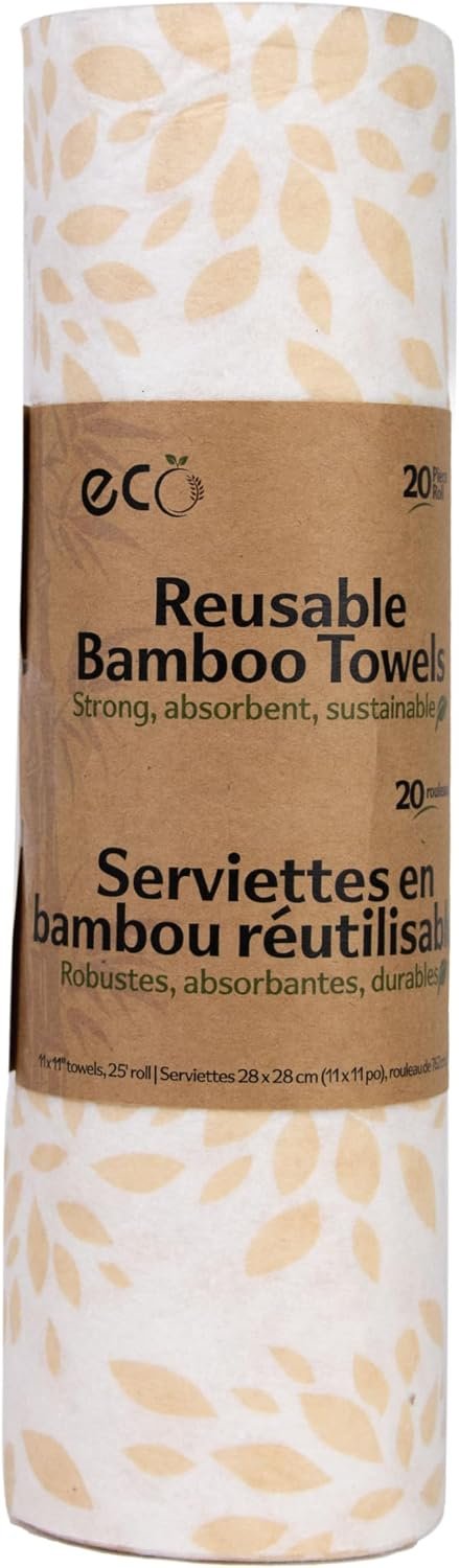 Reusable Bamboo Paper Towel Roll, 25 Feet, 20 Sheets, Machine Washable, White with Beige Leaf Pattern