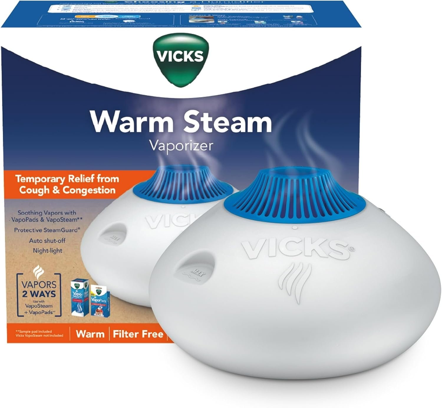 Vicks Warm Steam Vaporizer & Humidifier 1.5 Gallon Tank for Small and Medium Rooms, Night Light, Works with VapoPads and VapoSteam