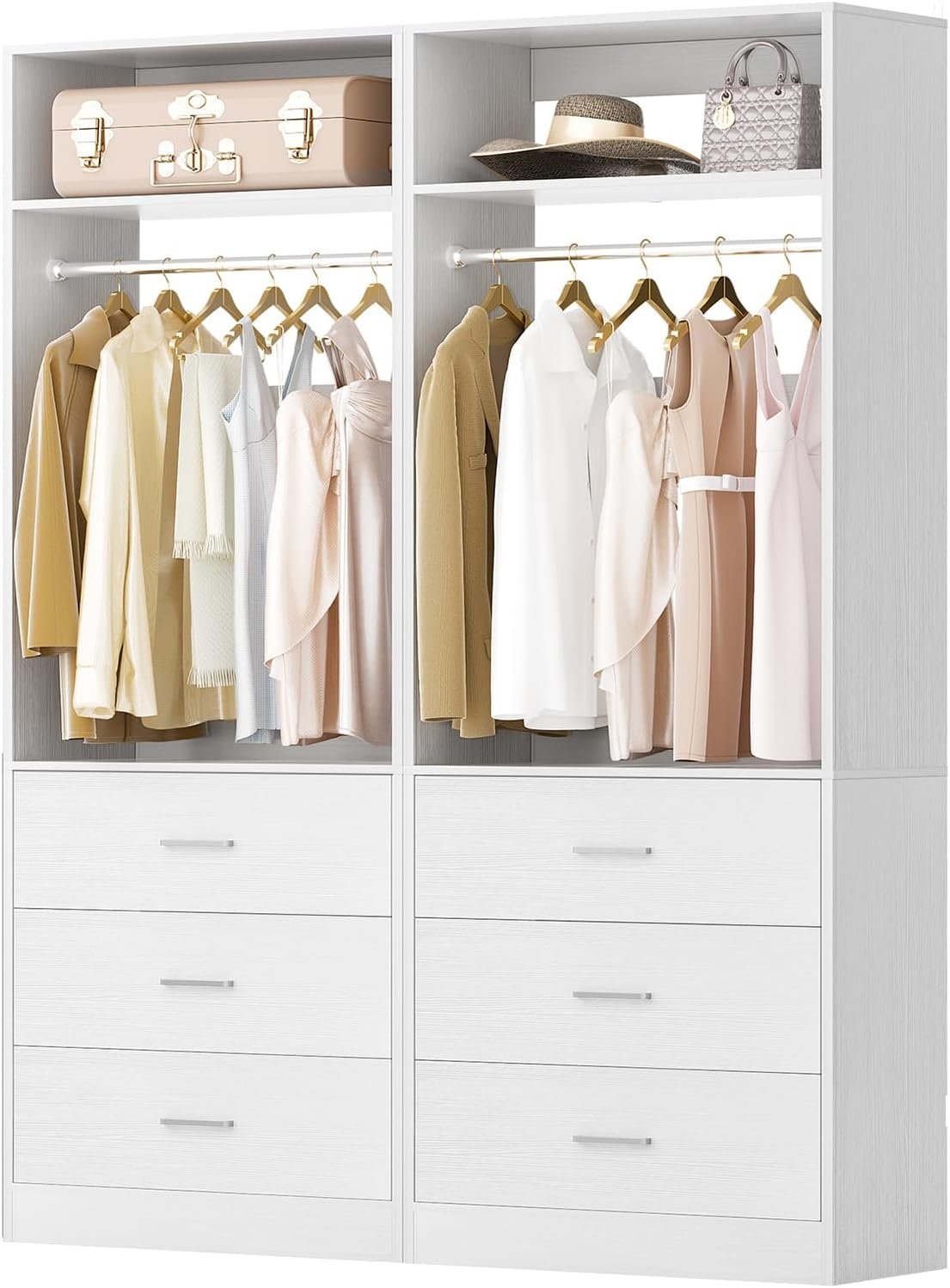 Besiost Closet System Set of 2, 4FT Closet Systems with 6 Wood Drawers, 48″ Closet Organizer System with 2 Hanging Rods & 2 Shelves, Heavy Duty 48 Inch Walk-in Closet , White (48″L x 15″ W x 80″ H)