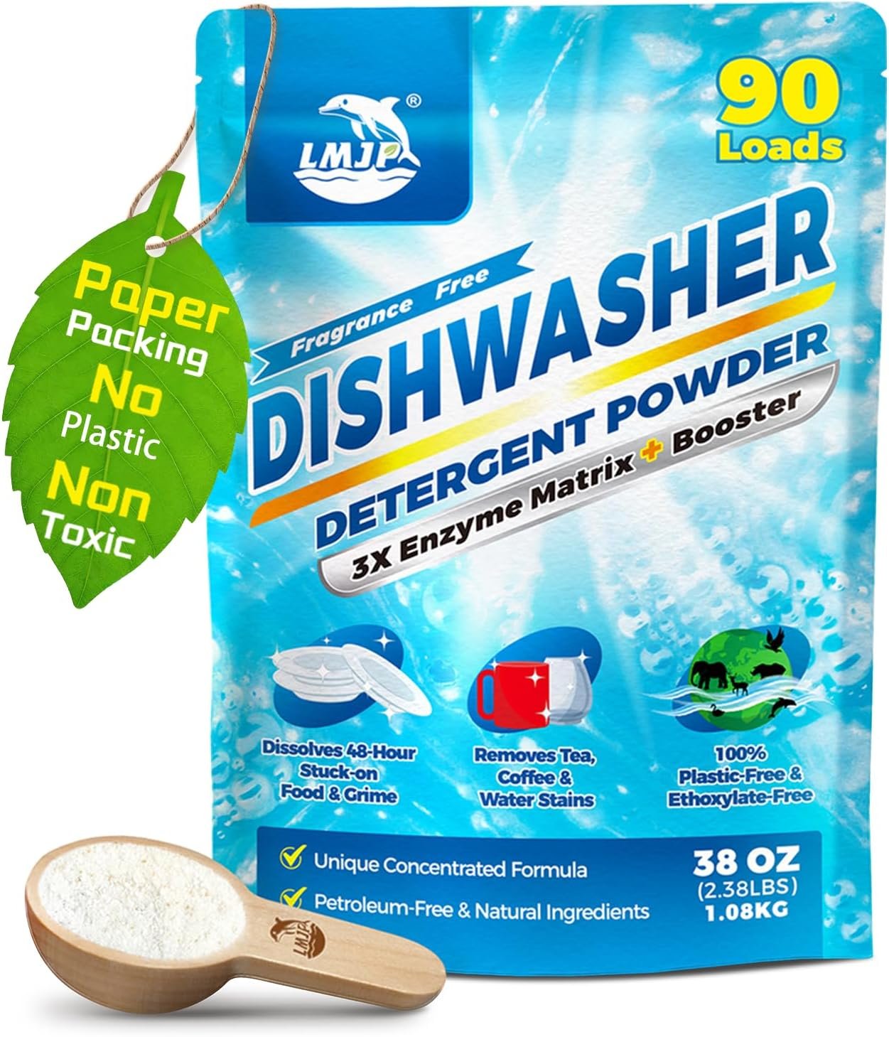 Dishwasher Detergent Powder + Booster, 90 Loads | Plastic-Free, Eco-Friendly Dishwasher Soap – Pods Alternative, Concentrated Plant-Based Enzymes – Cuts Grease & Grime, No Water Spots (Fragrance-Free)