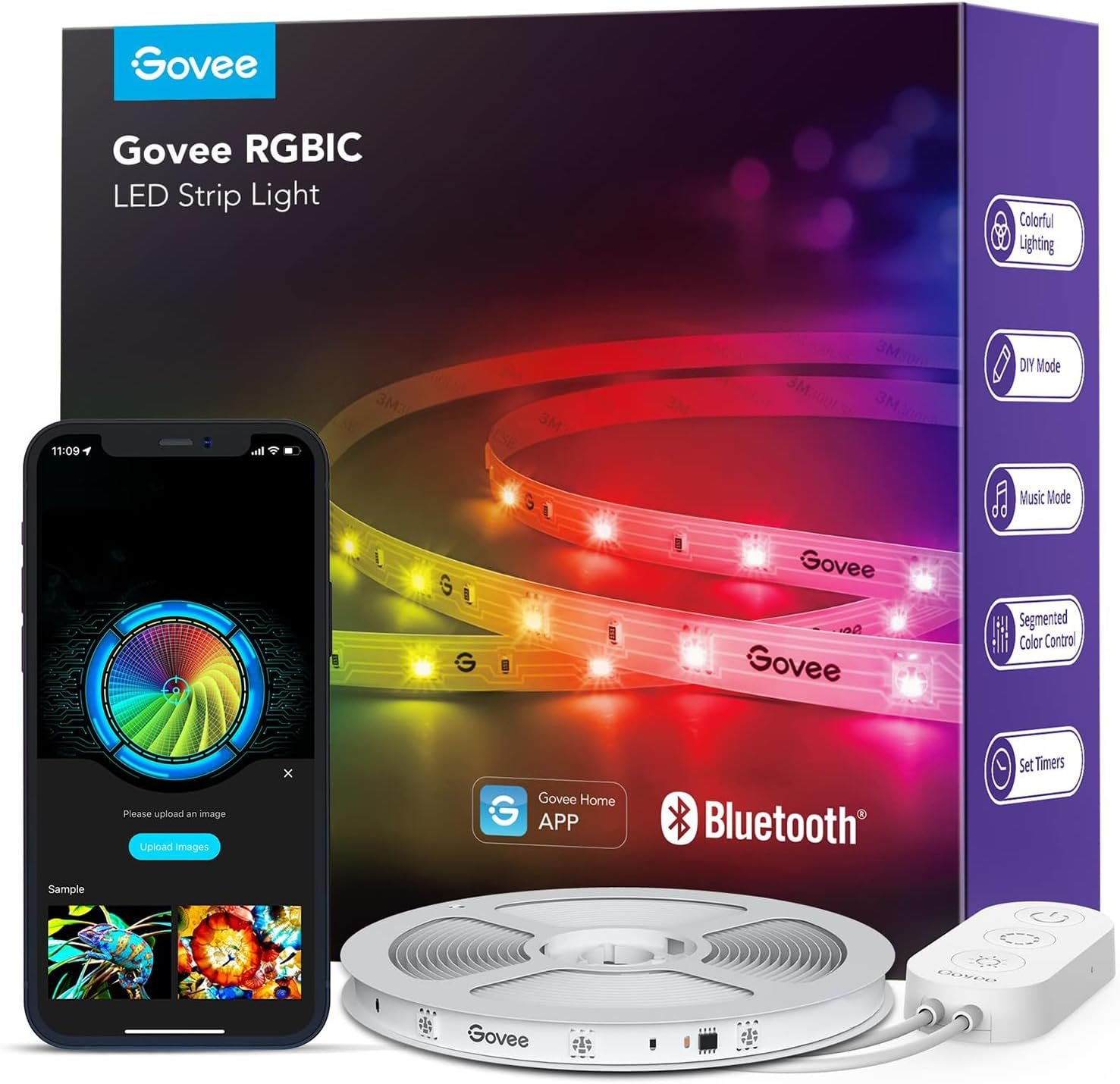 Govee RGBIC LED Strip Lights, 32.8ft Smart LED Lights for Bedroom, Bluetooth LED Lights APP Control, DIY Multiple Colors on One Line, Color Changing LED Strip Lighting Music Sync, Home Decor