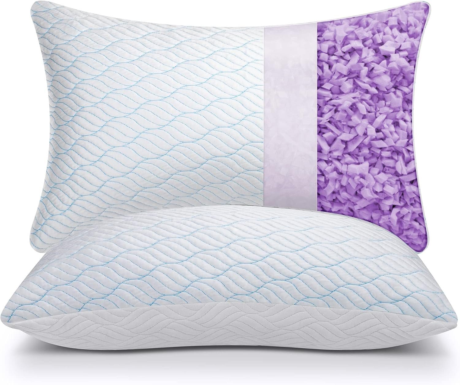 WISHSMILE Queen Size Shredded Memory Foam Pillows, Cooling Pillow Set of 2, Adjustable Height Firm Support, Double-Sided Ice Silk & Polyester Cover, Washable Bed Pillows for Adults, 20×30 Inch