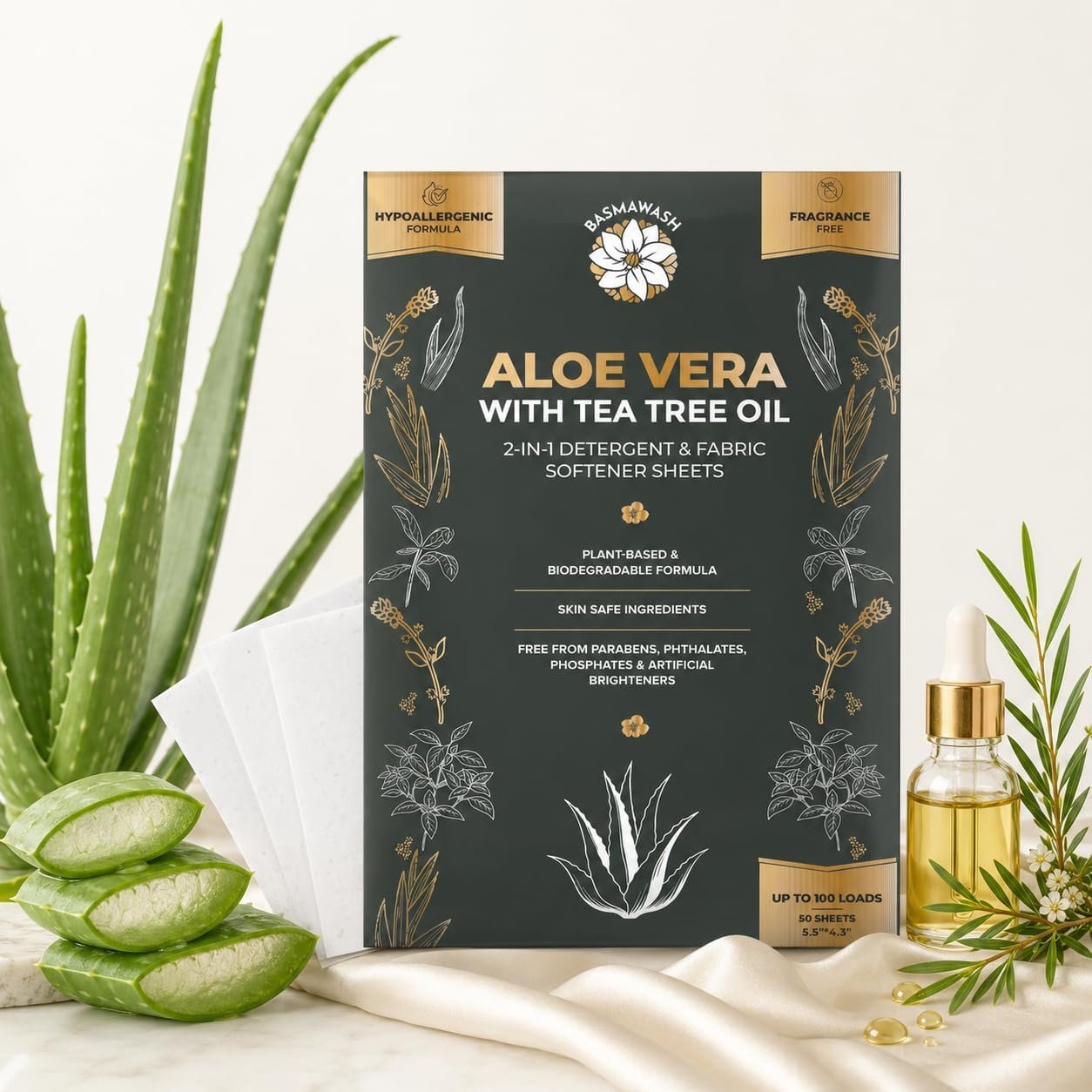 Natural Laundry Detergent Sheets & Fabric Softener | Eco-Friendly|Fragrance-Free & Hypoallergenic Up to 100 Loads | Aloe Vera & Pure Tea Tree Oil | Plant-Based, Biodegradable, Enzyme Powered,Baby Safe