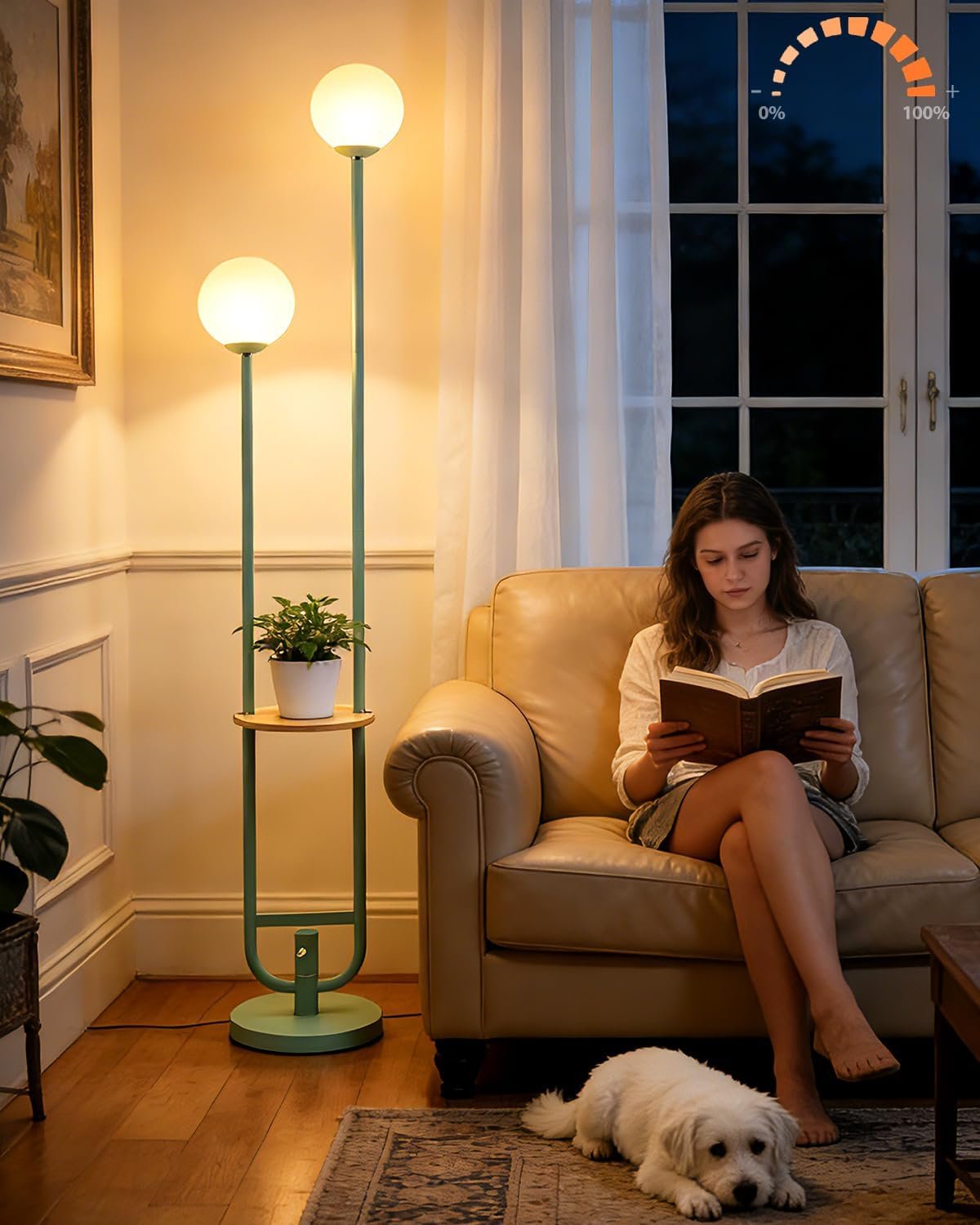Lightdot 63IN Green Floor Lamp 2 Globe Mid Century Standing Lamps with Bulbs Included Unique Vintage Dimmable Tall Floor Lamp with 5Lbs Heavy Base for Living Room/Wedding/Sofa Beside/Corner Decor