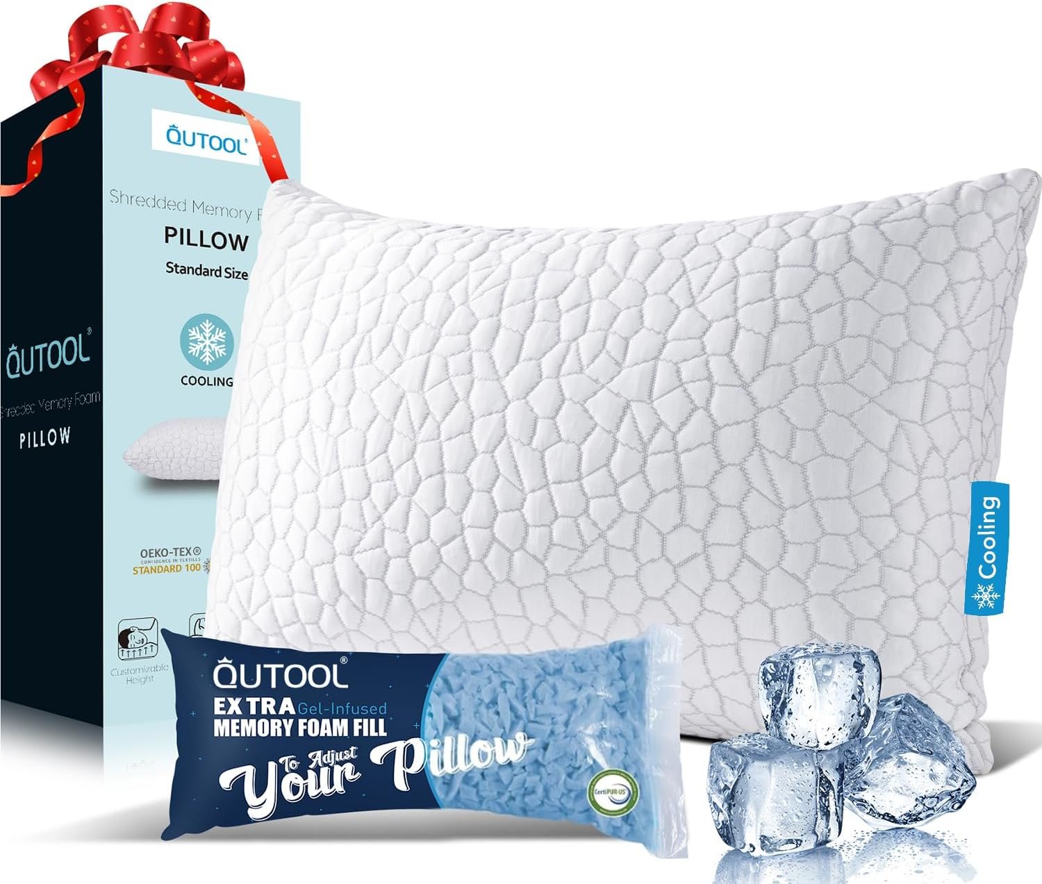 QUTOOL Cooling Pillow for Sleeping, CertiPUR-US Shredded Memory Foam Standard Pillow Set of 1, Cool Pillow for Hot Sleepers Adjustable Firm Pillow for Side,Back,Stomach Sleepers Soft Yet Support,White