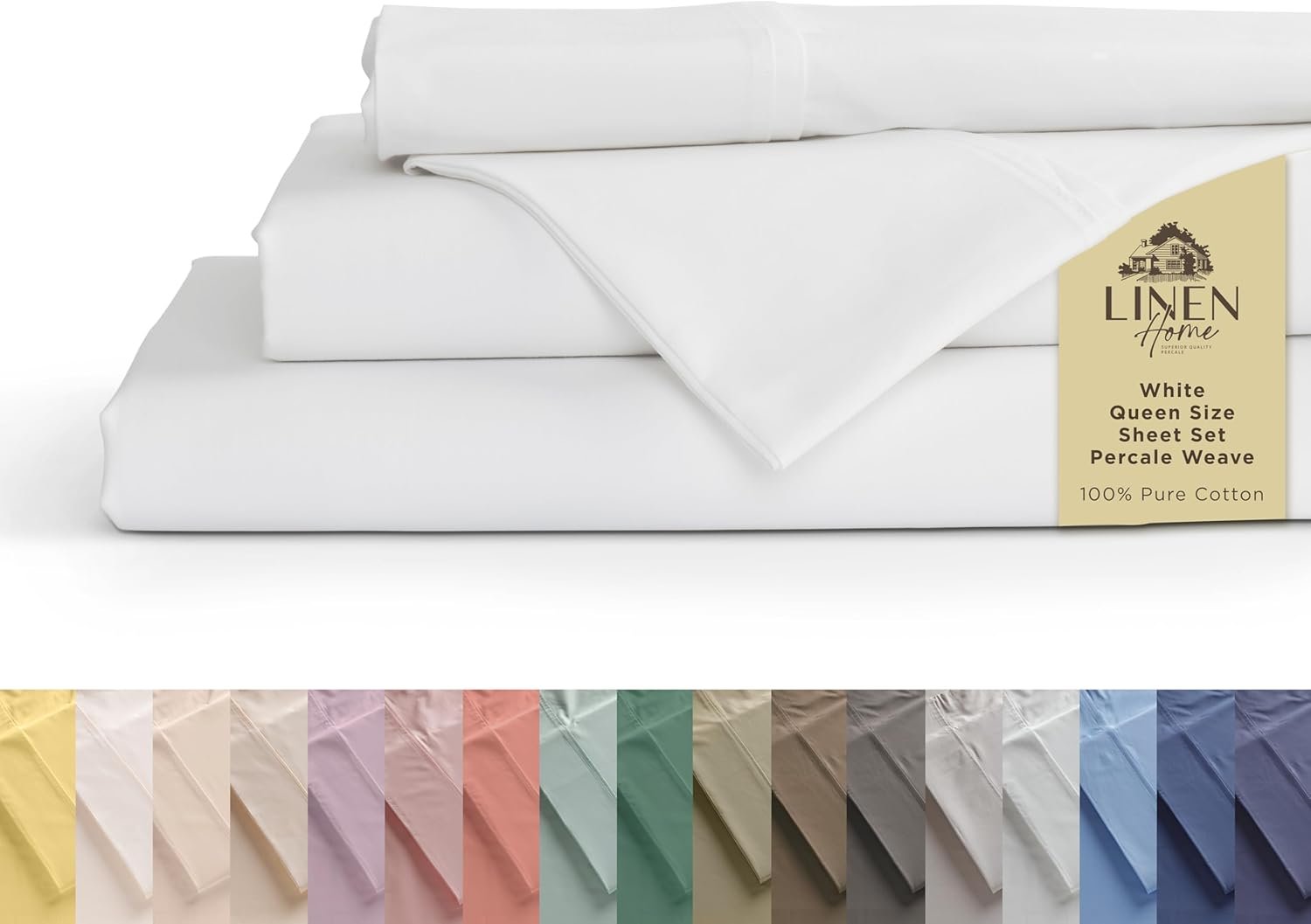 Linen Home 100% Cotton Percale Sheets Queen Size, White, Deep Pocket, 4 Pieces Set – 1 Flat, 1 Deep Pocket Fitted Sheet and 2 Pillowcases, Crisp Cool and Strong Bed Linen