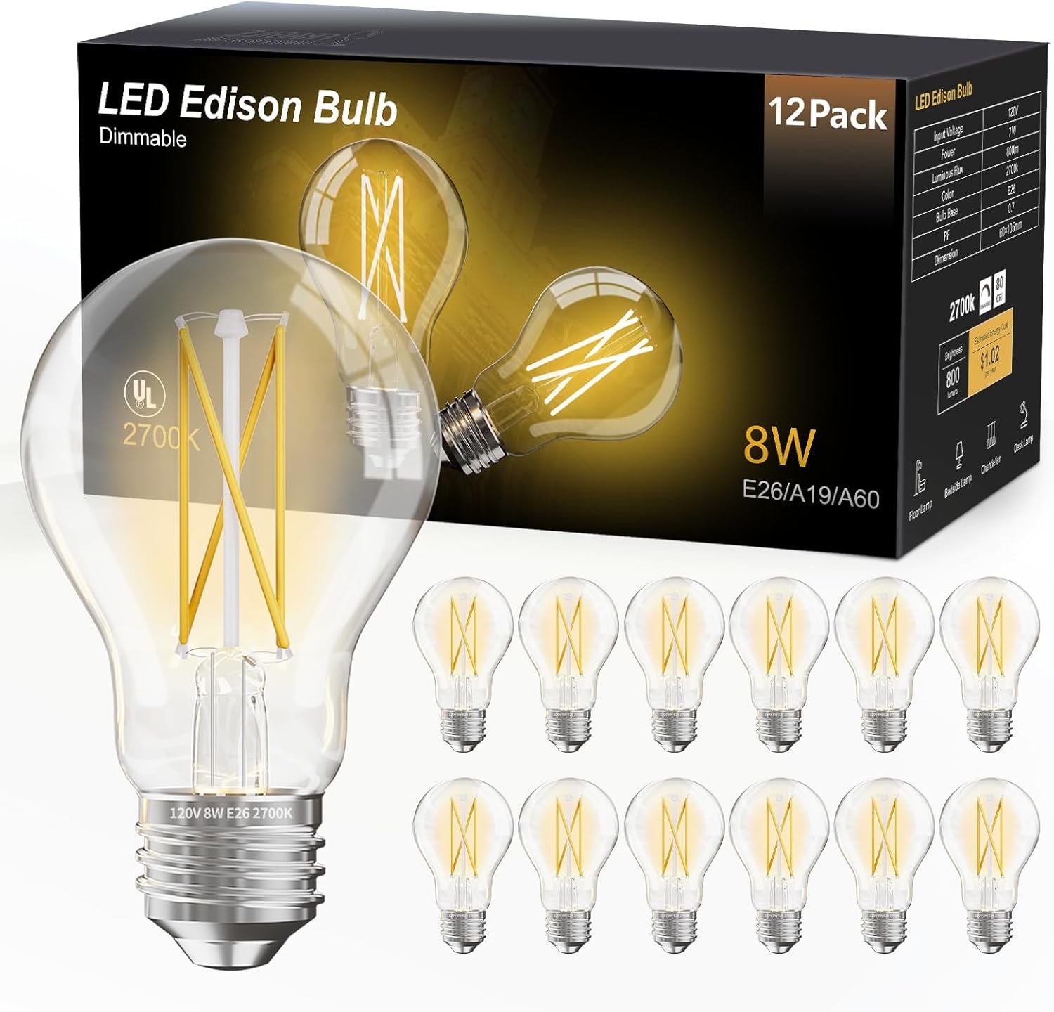 DAYBETTER 12 Pack A19 Vintage LED Edison Bulbs, 60W Equivalent, Dimmable, High Brightness 2700K Warm White, 800 Lumens, 8W E26 Standard Base, CRI80+, Clear Glass Filament Bulb for Living Room