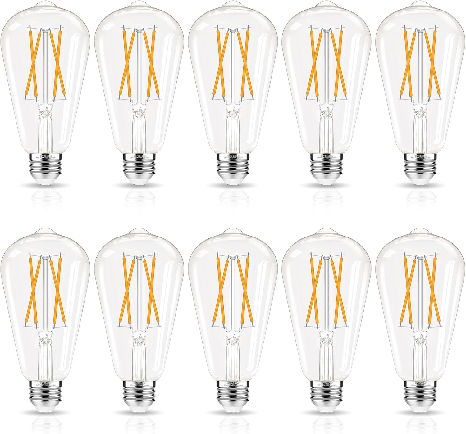 GvvooHome LED Edison Bulbs Dimmable, E26 Bulb 60 watt Equivalent, Soft White 2700K, ST58 Vintage Light Bulbs, 90+ CRI, 6W 600LM, E26 Medium Base, Clear Glass, 10 Pack