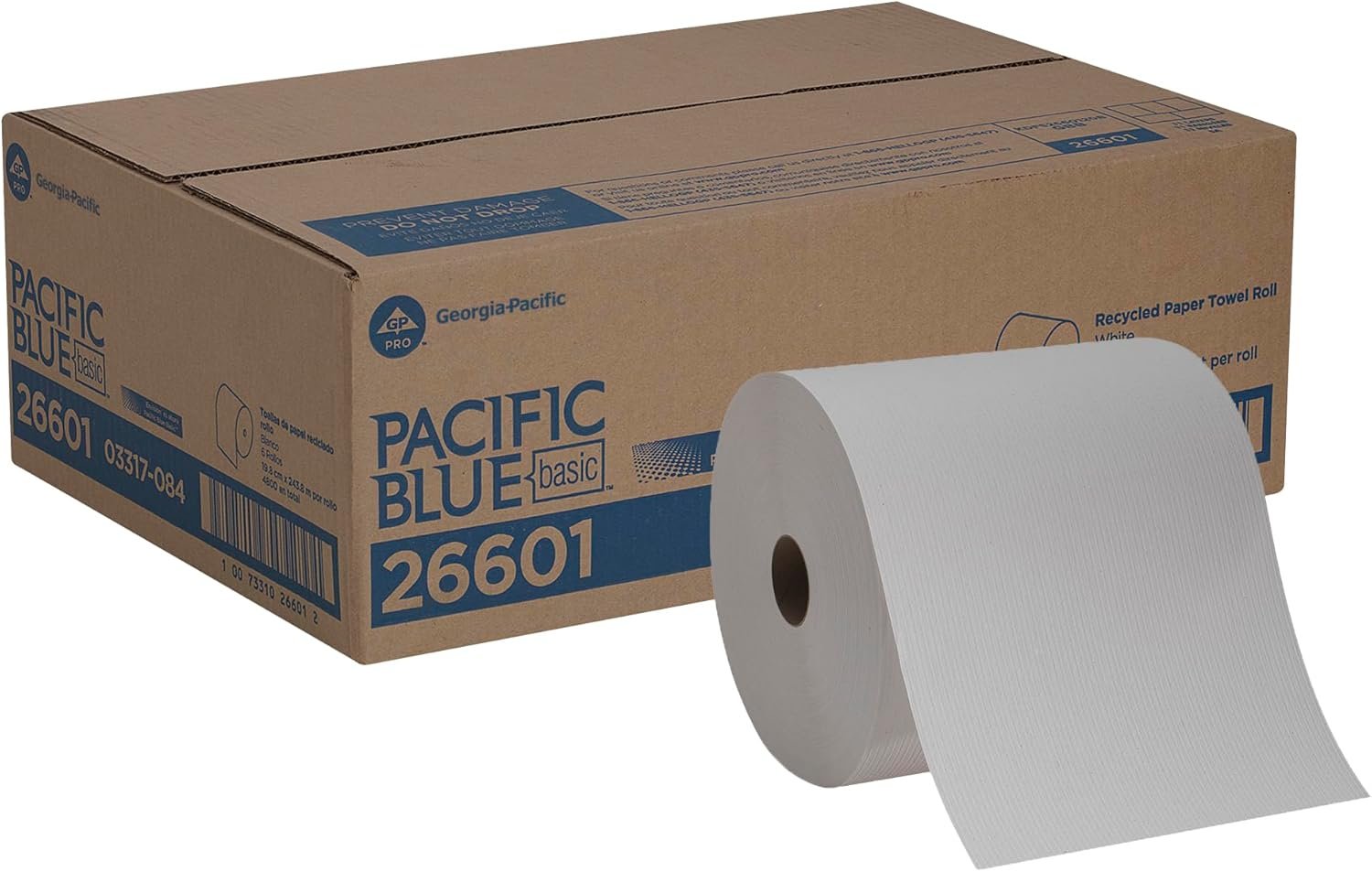 Pacific Blue Basic Recycled Paper Towel Rolls by GP PRO (Georgia-Pacific), White, 26601, 800 Feet Per Roll, 6 Rolls Per Case