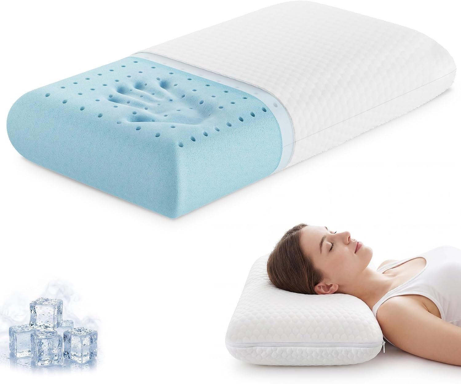 Sweetcrispy Back and Side Sleeper Support, White Gel Cooling Memory Foam Pillows for Sleeping, Bed Pillows for Adults with Breathable Mesh and Washable Cover – 1 Pack