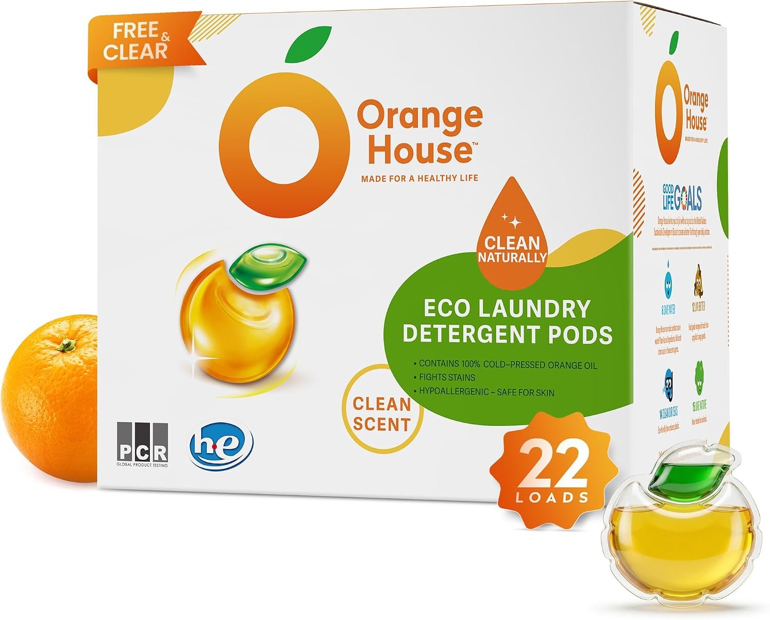 Orange House Laundry Detergent Pods, Plant-Based with Cold-Pressed Orange Oil, Hypoallergenic, Natural Citrus Scent, HE & Standard Machine Compatible, 22 Count