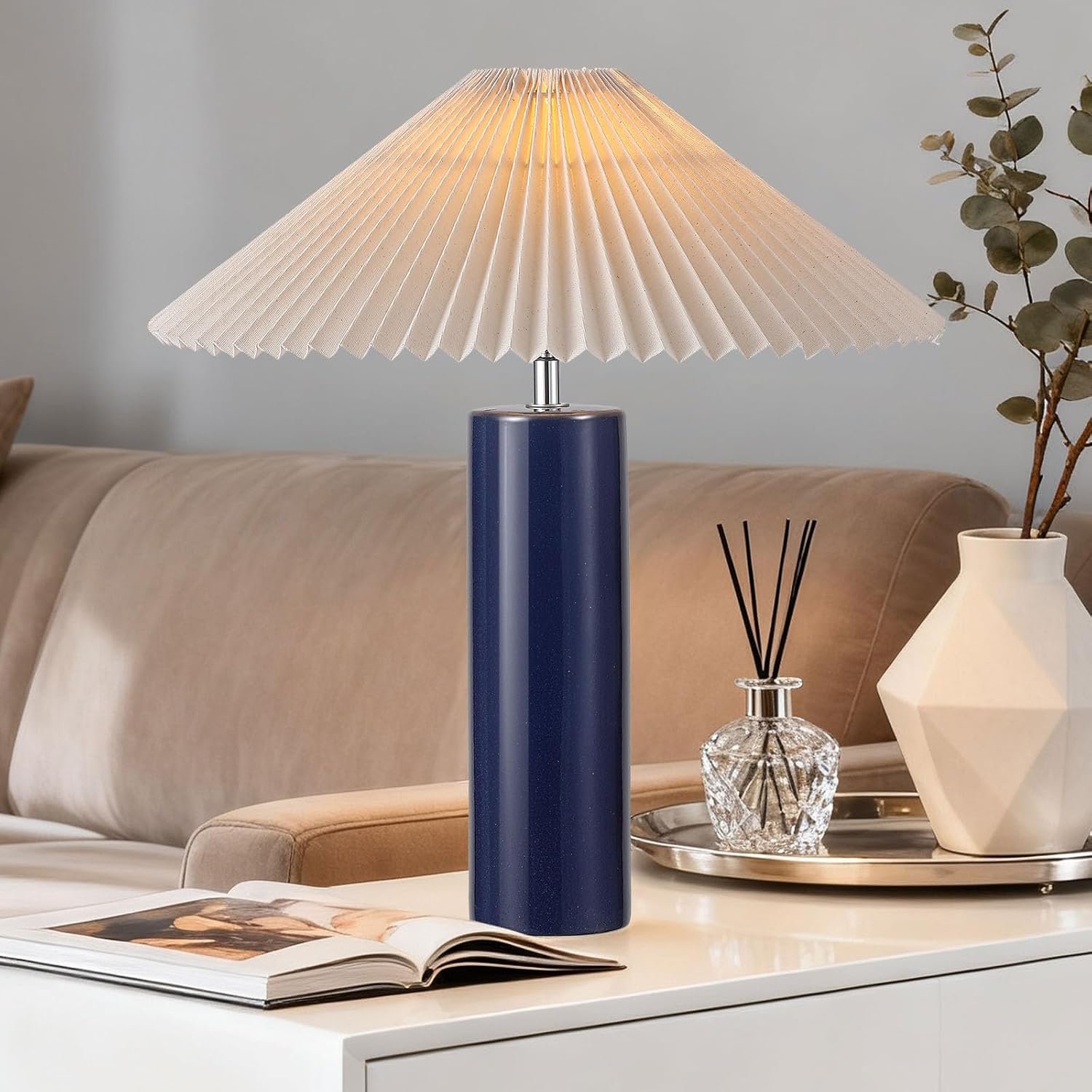 EOEYYOYB Ceramic Table Lamps for Bedroom, Adjustable Shade Lamps for Night Stands, Modern Cylindrical Nightstand Table Lamps 5W E26 for Bedroom Bedside Buffet, Blue