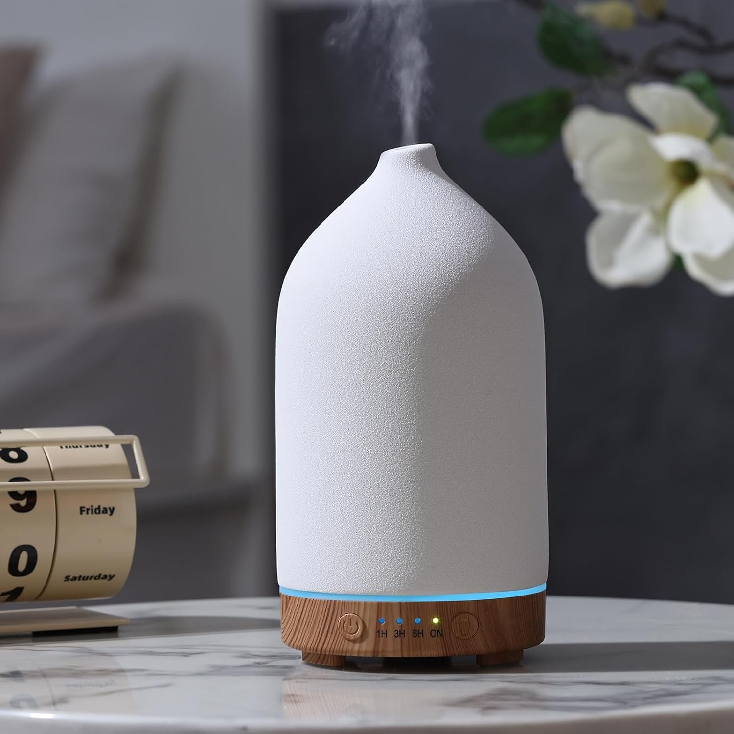 Gooamp 200ML Ceramic Essential Oil Diffuser for Home – Ultrasonic Aromatherapy Diffuser Humidifier with 7 Color LED Lights, Auto Shut-Off, 3 Timers for Bedroom, Office, Yoga, Wood Grain Base