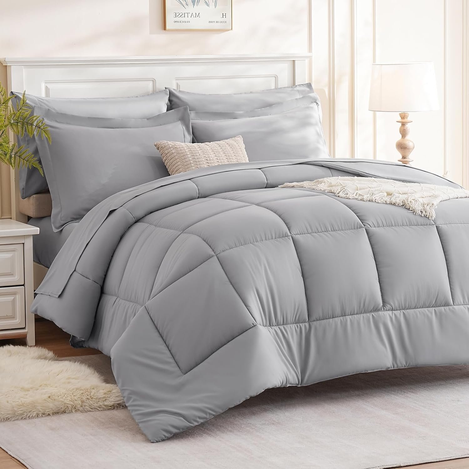 FreshCulture Queen Comforter Set – 7 Pieces All Season Luxury Bed in a Bag Queen Size – Bedding Set with Comforter, Sheets, Pillowcases & Shams – Ultra Soft Light Grey Comforter Set Queen