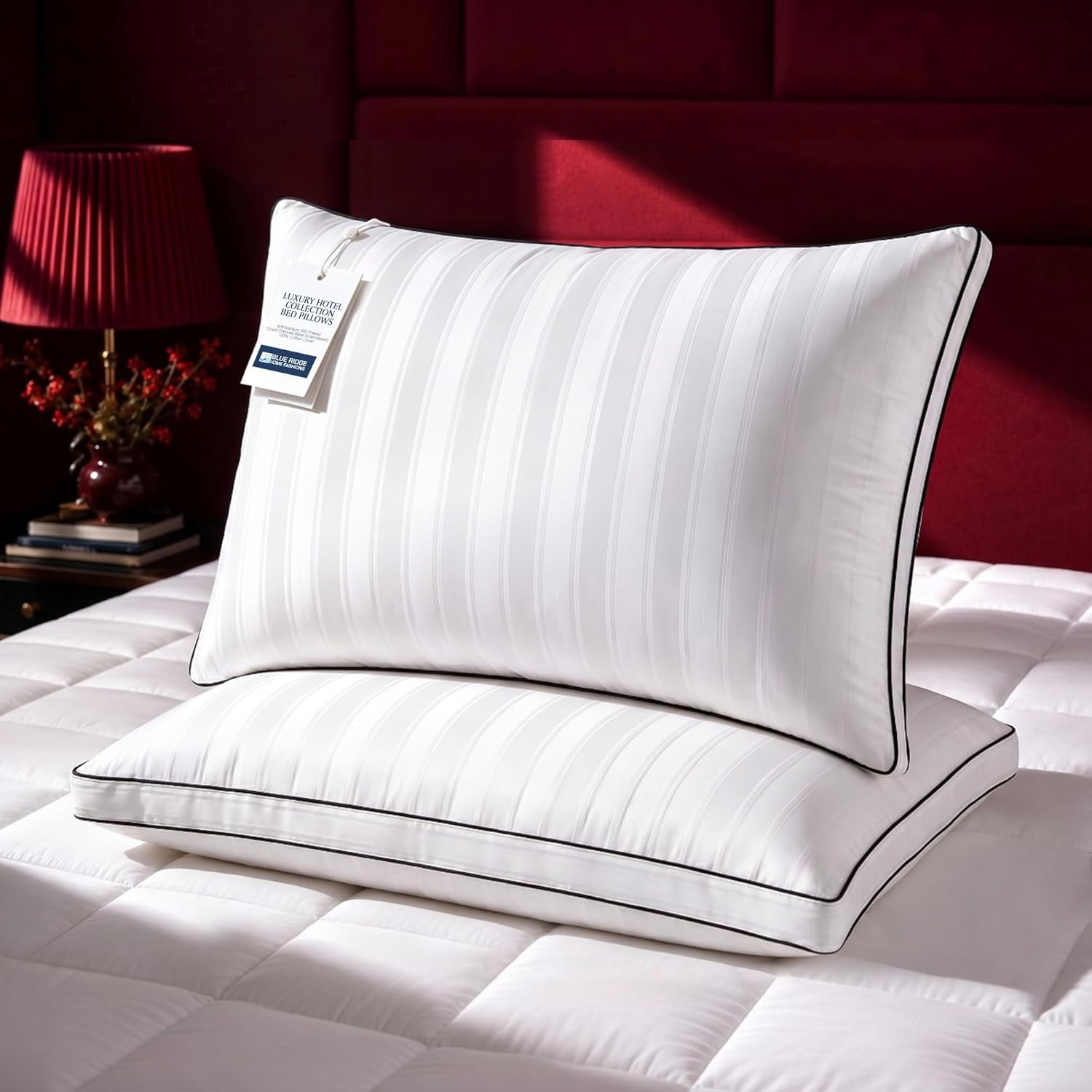 Blue Ridge Home Fashions Luxury Hotel Collection Bed Pillows Queen Size Set of 2, Soft Touch Firm Support 500 Thread Count Damask Stripe Embroidered 100% Cotton Cover, Gusseted Down Alternative