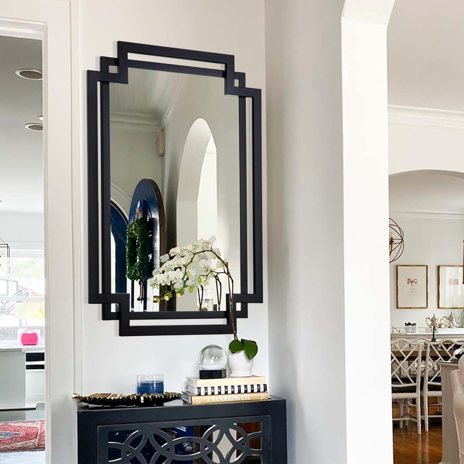 Black Decorative Mirror for Wall Decor, 24″ x 36″ Large Elegant Living Room Mirror with Irregular and Rectangular Metal Frame, Contemporary Bathroom Mirror Above Sink