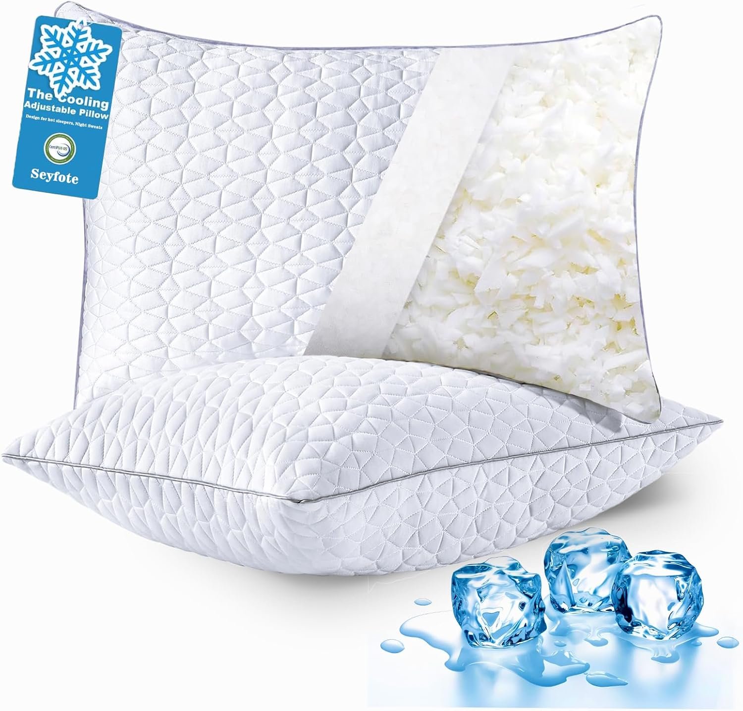 Cooling Pillows Queen Size Set of 2, Shredded Memory Foam Pillows, Adjustable Firm Bed Pillows Cool Cold Pillow for Hot Side Back Stomach Sleepers with Removable Washable Cover, 20″ x 30″, White