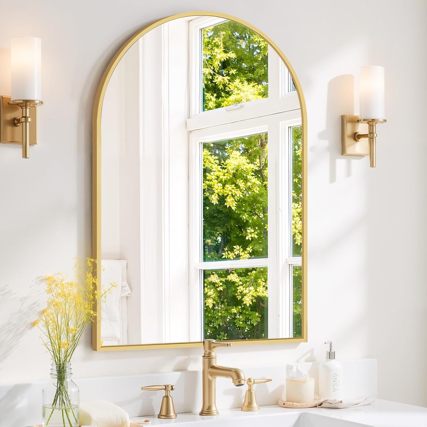 Arched Wall Mirror 36×24 Inch Gold Bathroom Vanity Mirror with Metal Frame, Modern Arch Mirror for Bedroom, Living Room, Entryway, Wall Mounted Decorative Mirror