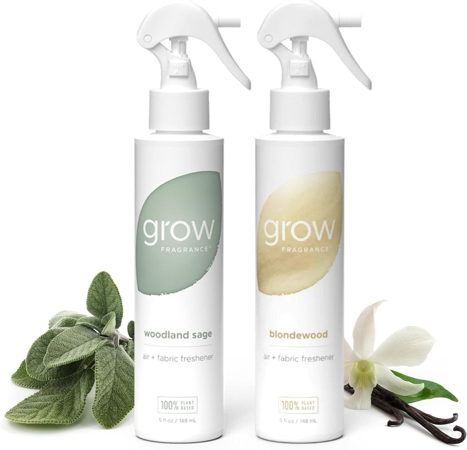 Grow Fragrance Scented Fabric and Room Air Freshener Spray – Certified Non-Toxic, 100% Plant-Based Essential Oils – 5 oz (Blondewood + Woodland Sage 2-Count)