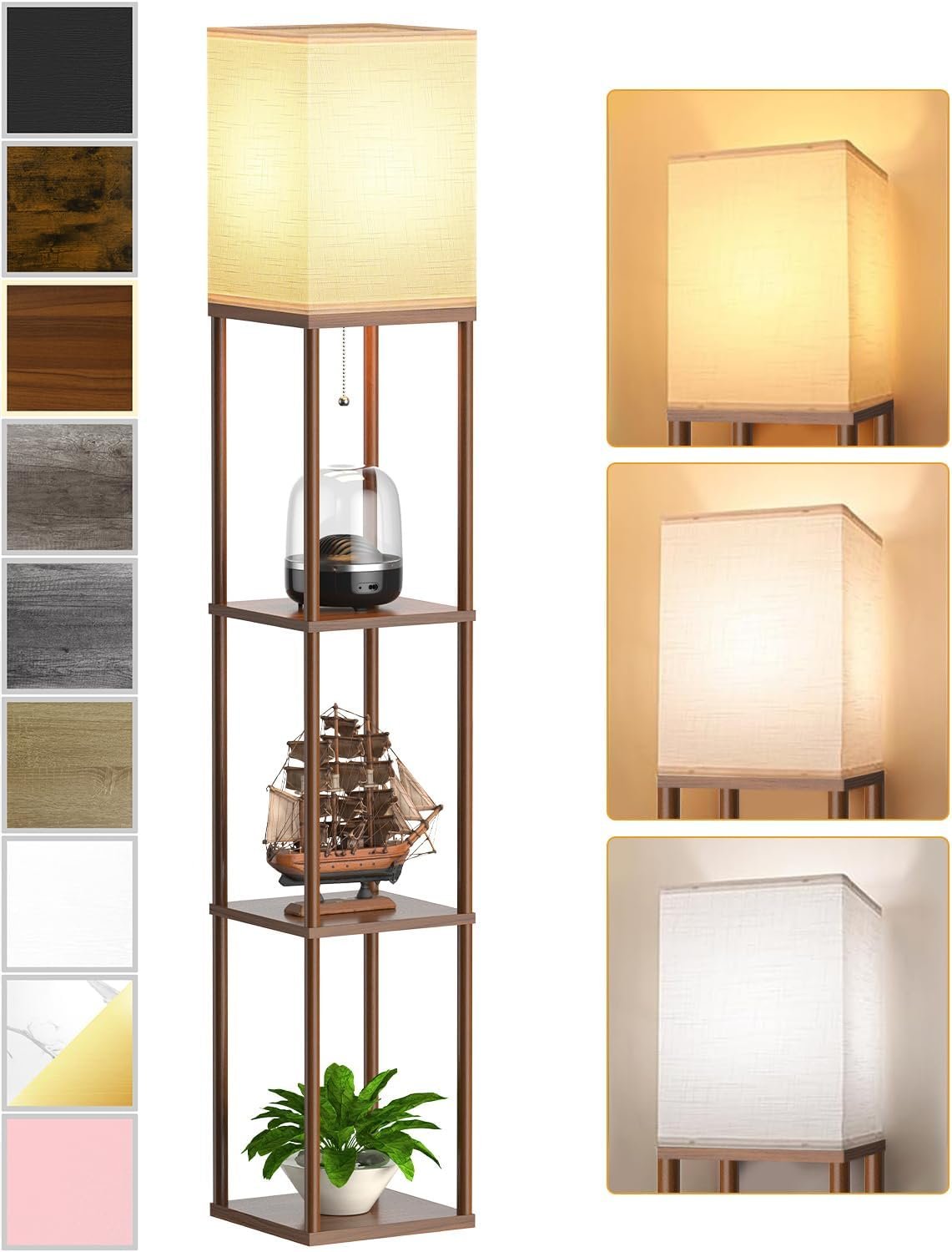 Floor Lamp with Shelves for Living Room Walnut Brown, Shelf Floor Lamp with 3 CCT LED Bulb, Corner Display Standing Column Lamp Etagere Organizer Tower Nightstand with White Linen Shade for Bedroom