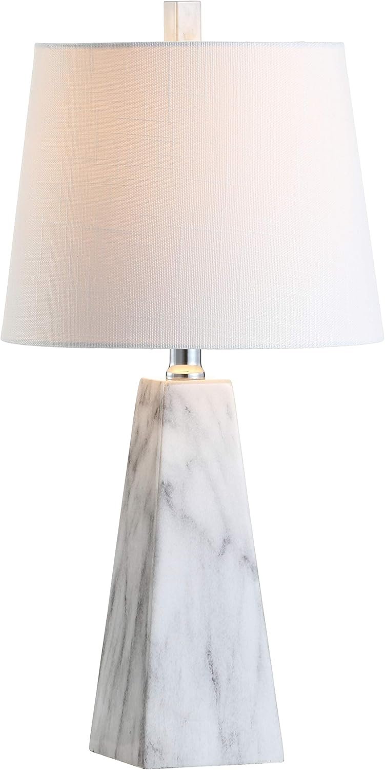 JONATHAN Y 20.5″ White Marble Finish Modern Resin Table Lamp for Bedroom Living Room, Contemporary Faceted Bedside Lamp with White Linen Shade, LED Bulb Included JYL1037A