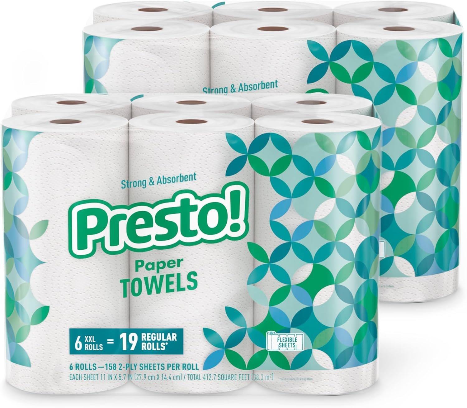 Amazon Brand – Presto! Ultra-Strong Premium Paper Towels, 158 Sheet Huge Roll – Flex-a-Size, 12 Rolls (2 Packs of 6), Equivalent to 38 Regular Rolls, White